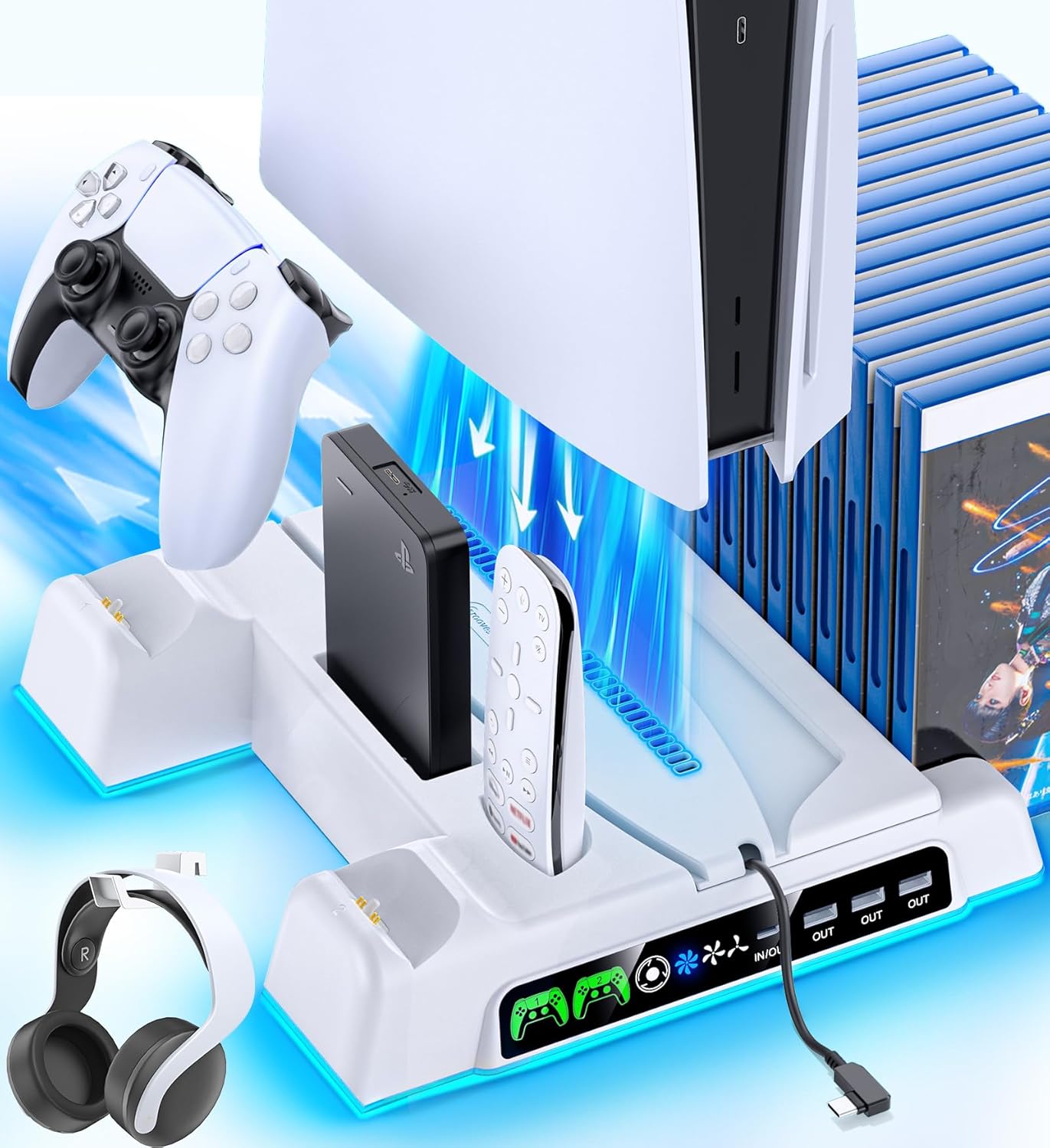 PS5/ PS5 Slim Stand for Disc & Digital Console, PS5 Cooling Station with Dual Controller Charging Station for PlayStation 5 Console, 3-Level Fan PS5/Slim Controller Charger Accessories Stand
