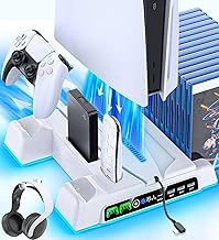 PS5/ PS5 Slim Stand for Disc & Digital Console, PS5 Cooling Station with Dual Controller Charging Station for PlayStation 5 Console, 3-Level Fan PS5/Slim Controller Charger Accessories Stand