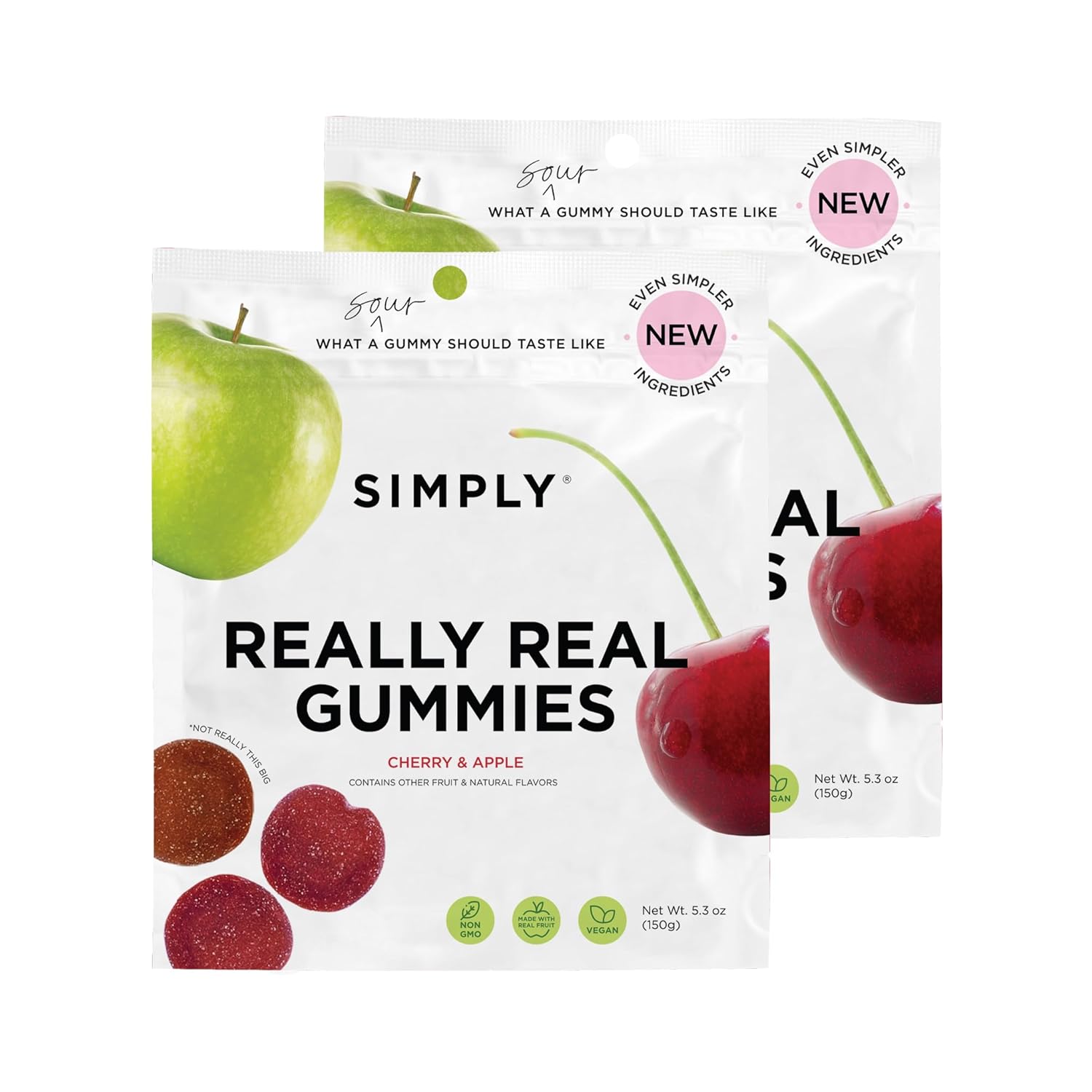 Simply Really Real Gummies | Made with Real Fruit | Cherry & Apple Fruit Bites | 5.3 oz (Pack of 2) | No Cane Sugar + Gluten Free + Kosher