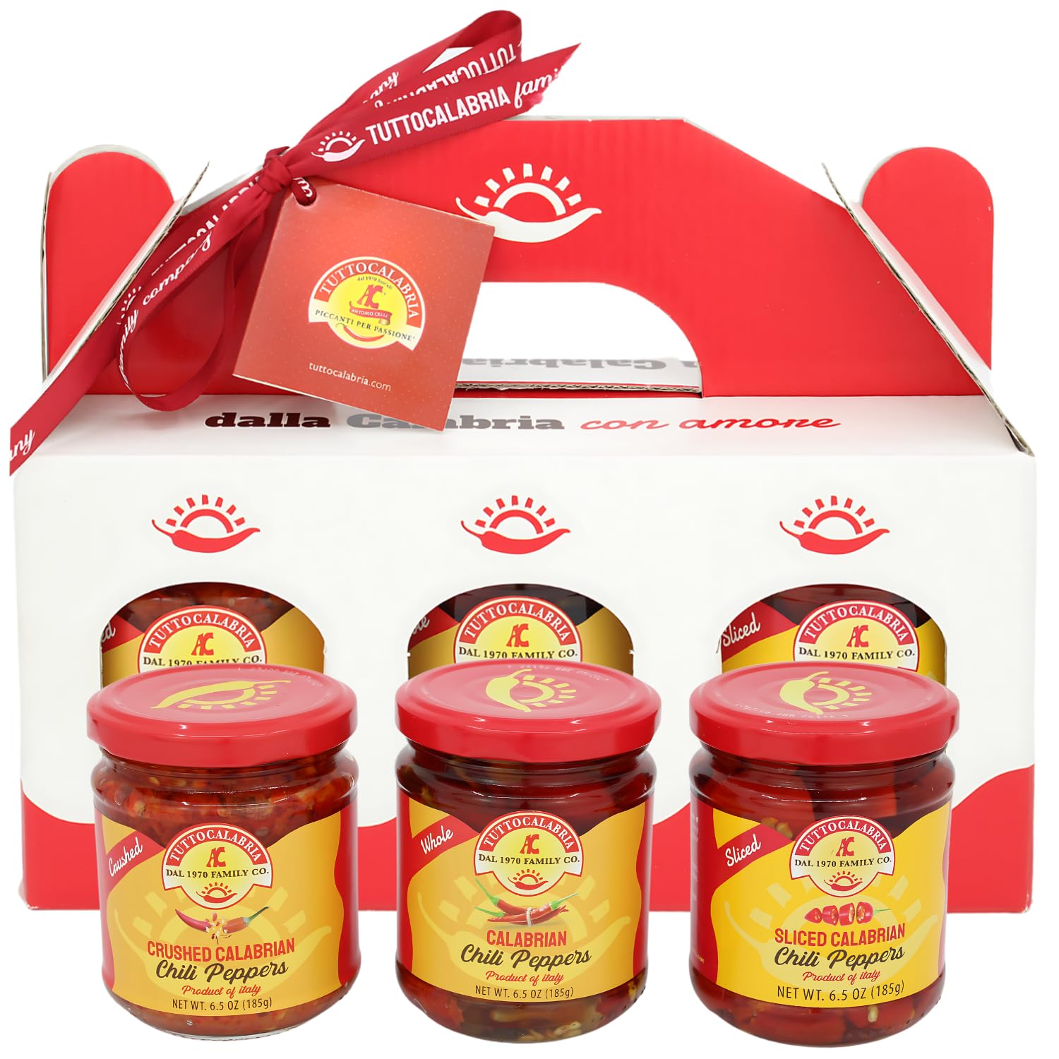 TuttoCalabria Gift Set, Variety 3 Pack, Crushed, Sliced, Calabrian Chili Pepper Gift Set (3 Pack X 6.5oz) Non GMO, Product of Calabria, Italy