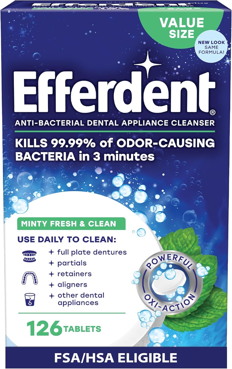 Efferdent Denture Cleaner Tablets – Dental Appliances, Aligners, Mouth Guard, and Retainer Cleaner Tablets, Minty Fresh & Clean, 126 Count