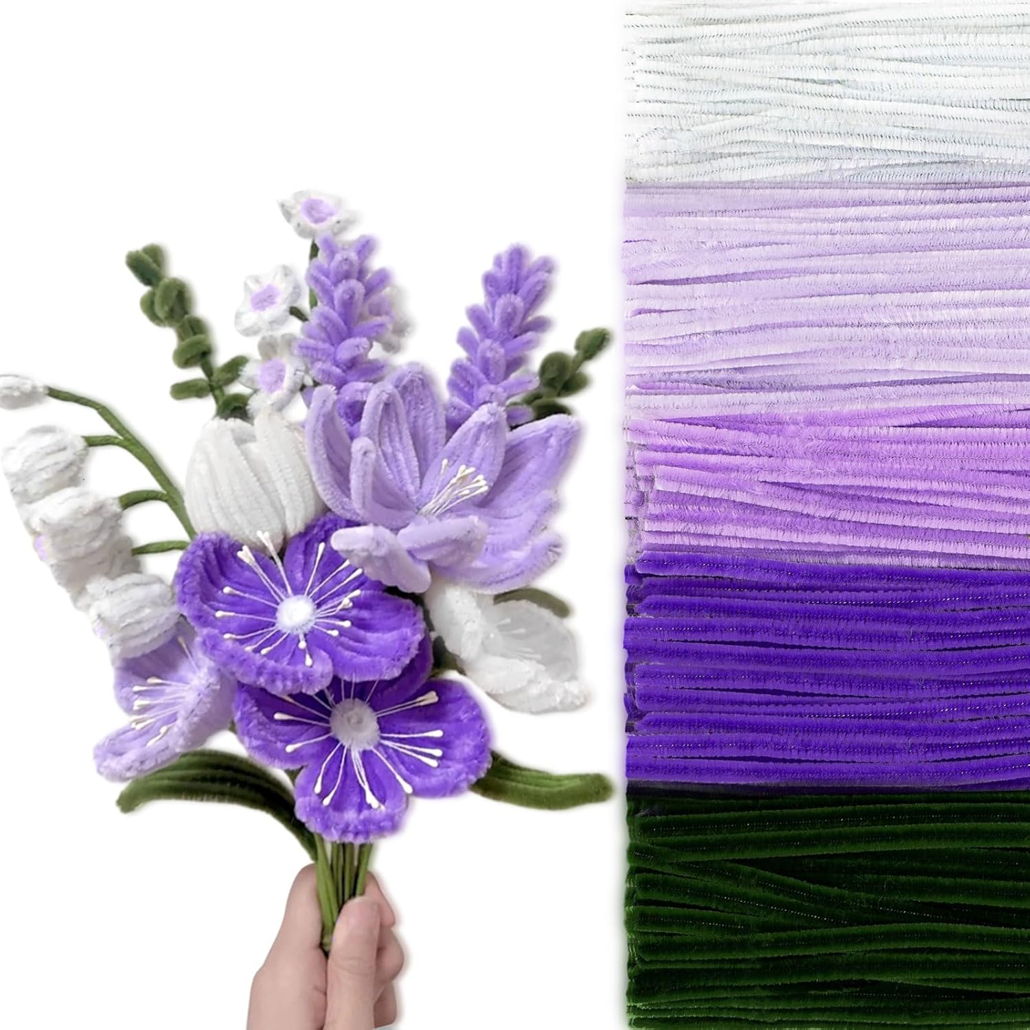 Peryiter 500 Pieces Pipe Cleaners Chenille Stems for Flowers Craft Supplies Bulk Fluffy Fuzzy Sticks for DIY Art Projects Creative Gift Wrapping Party Decorations(Purple Flower Color,12 Inch)