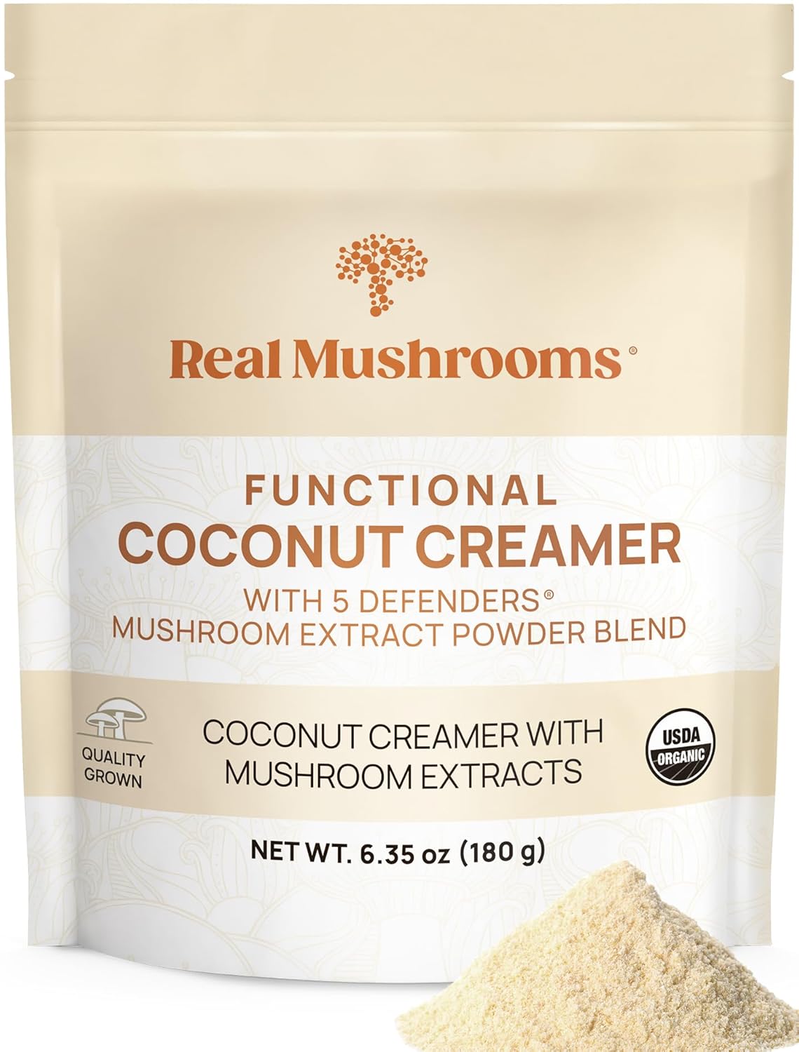 Real Mushrooms Plant-Based Functional Coconut Creamer - Organic Coffee Creamer with Mushrooms, Lucuma Powder & Ceylon Cinnamon - Dairy Free Powder Creamer for Coffee & Smoothies (90 Servings)