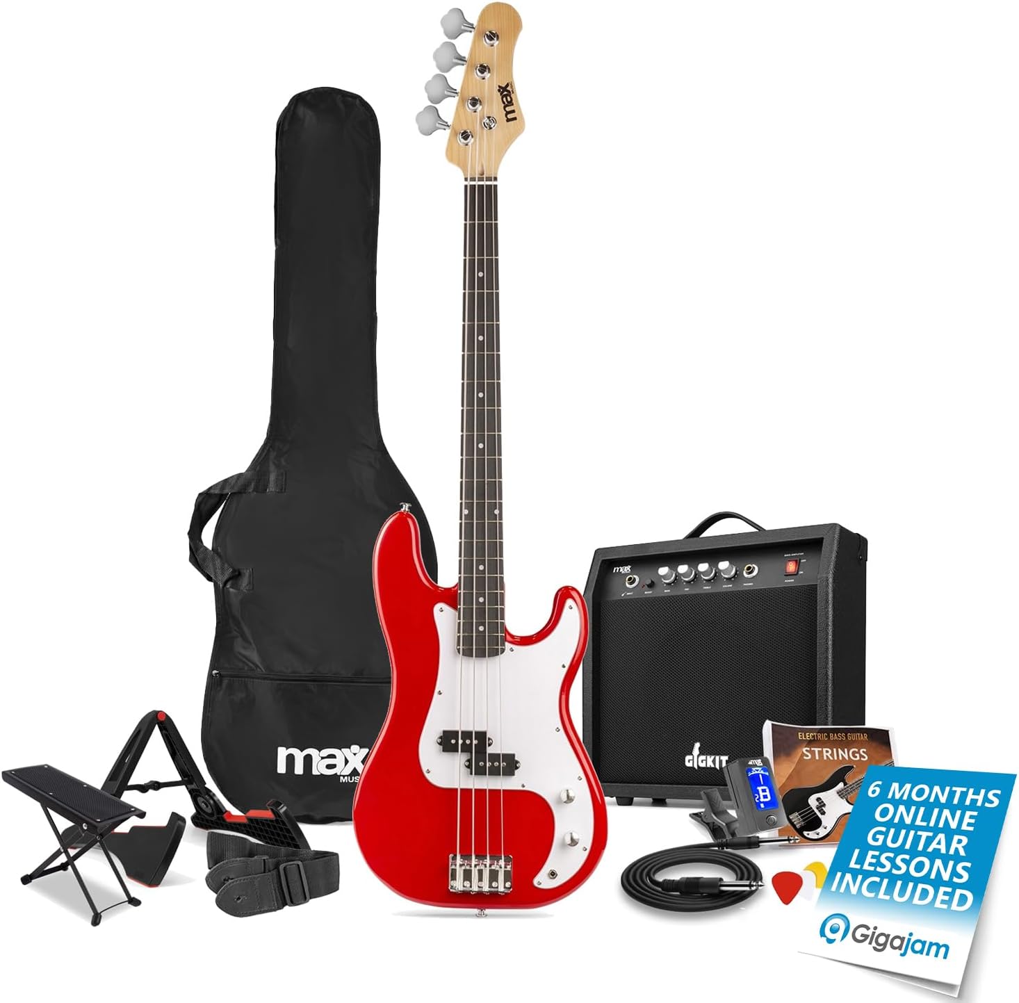 Max Gigkit Electric Beginner Bass Guitar Package - Red Starter Bass Guitar for Learners - Complete Kit with Accessories & 6 Months Online Lessons - Ideal for New Players