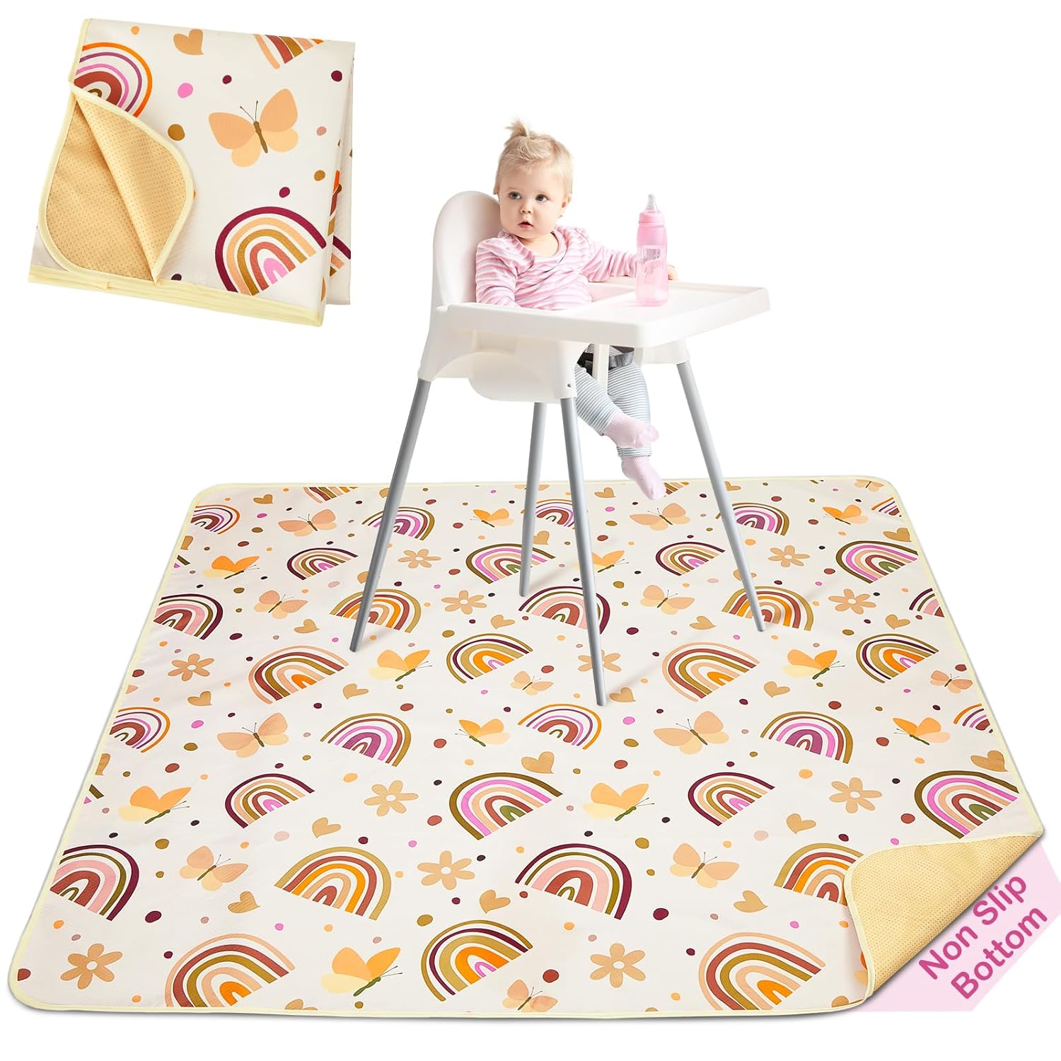 Basumee Splat Mat High Chair Mat Waterproof Baby Play Splat Mat for Under High Chair Food Catcher Highchair Mat for Floor Non Slip Bottom, Brown Rainbow, 46x42 Inches