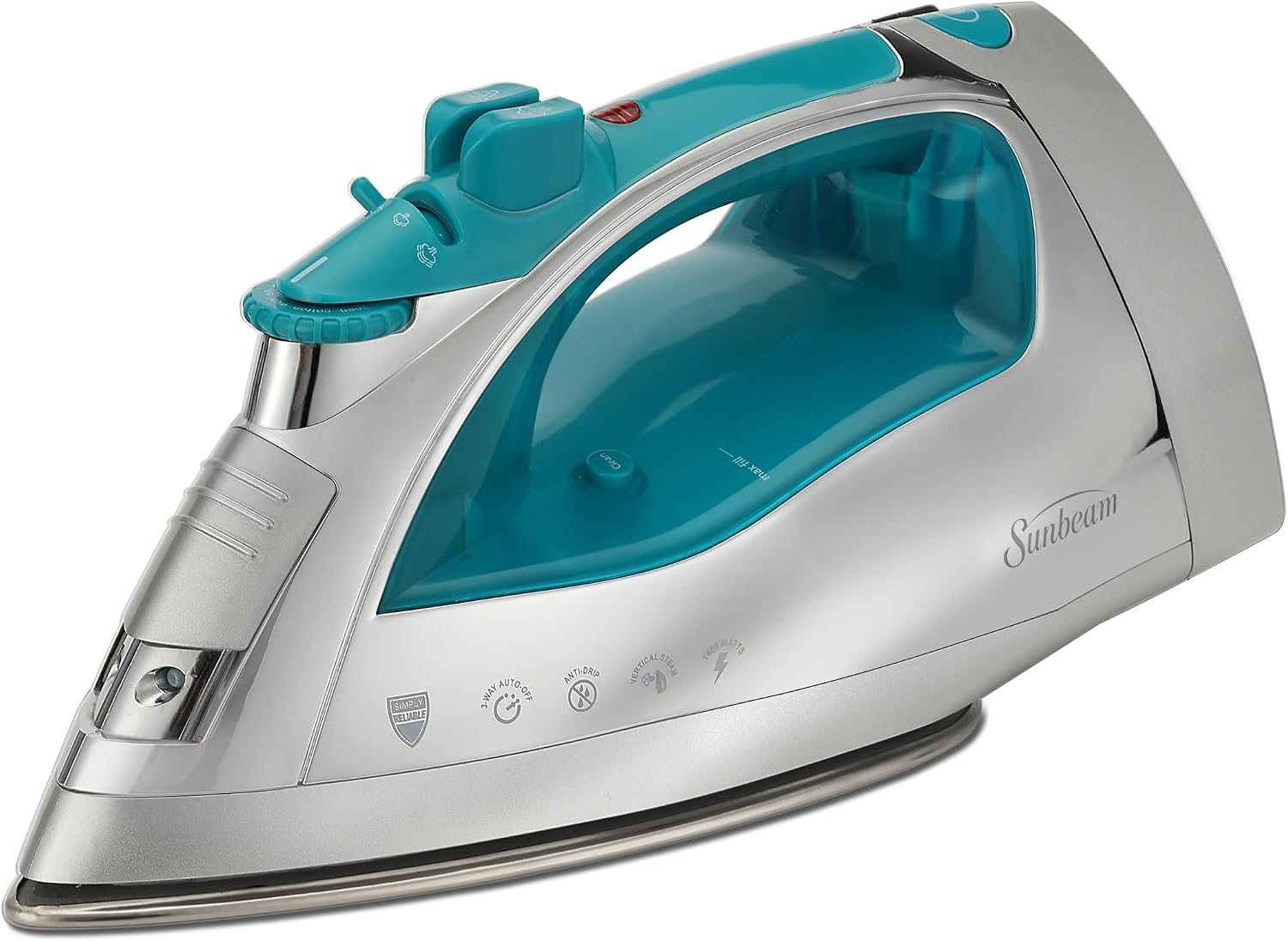 Sunbeam Turbo Steam Iron 1400W Quick Heat Stainless Steel Soleplate Shot of Steam Horizontal and Vertical 3 Way Auto Off 240ml Water Tank White Teal
