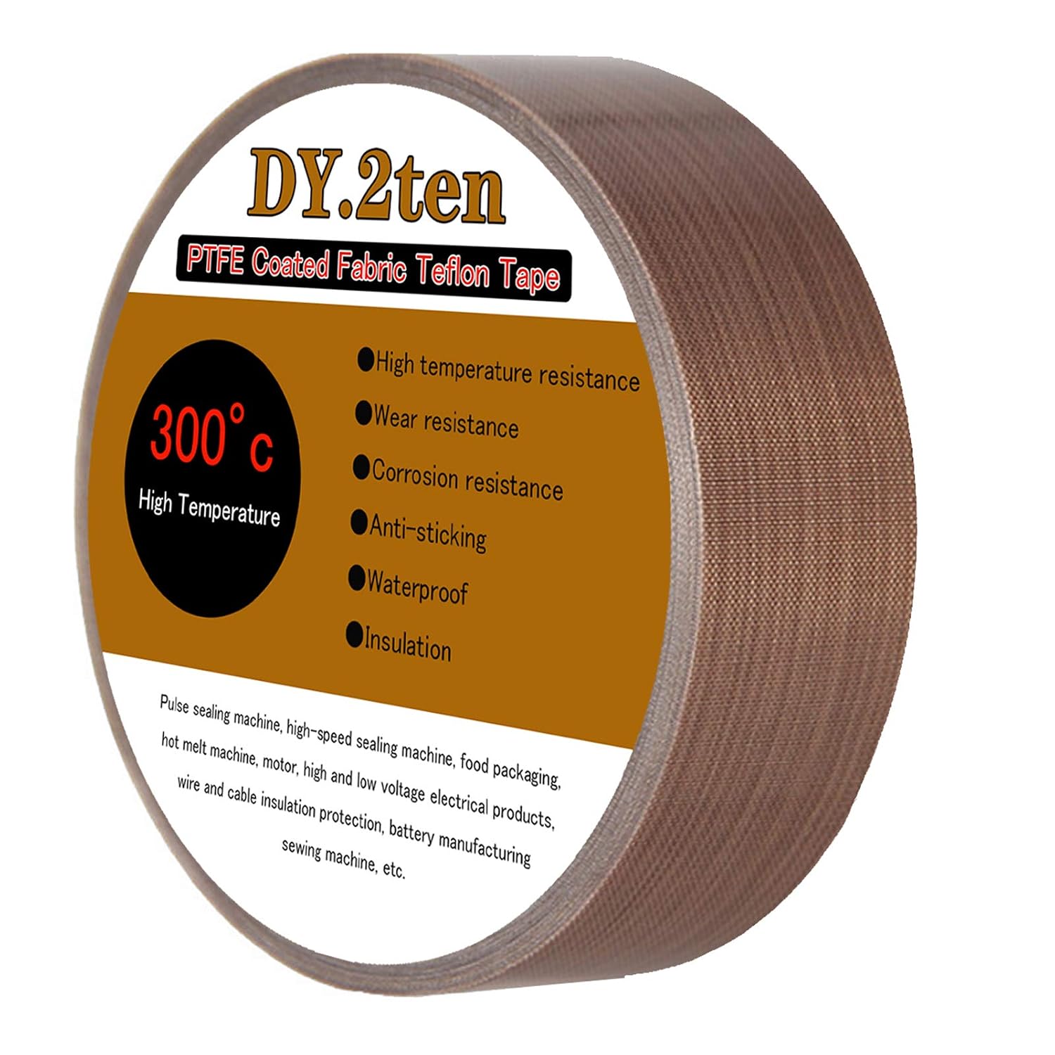 DY.2ten PTFE Coated Fiberglass Tape, 25mm x 10m, Brown, High Temperature Tape, Welding Sealing Tape, Drying Mechanical Conveyor Belt, Teflon Tape for Vacuum Sealer Machine