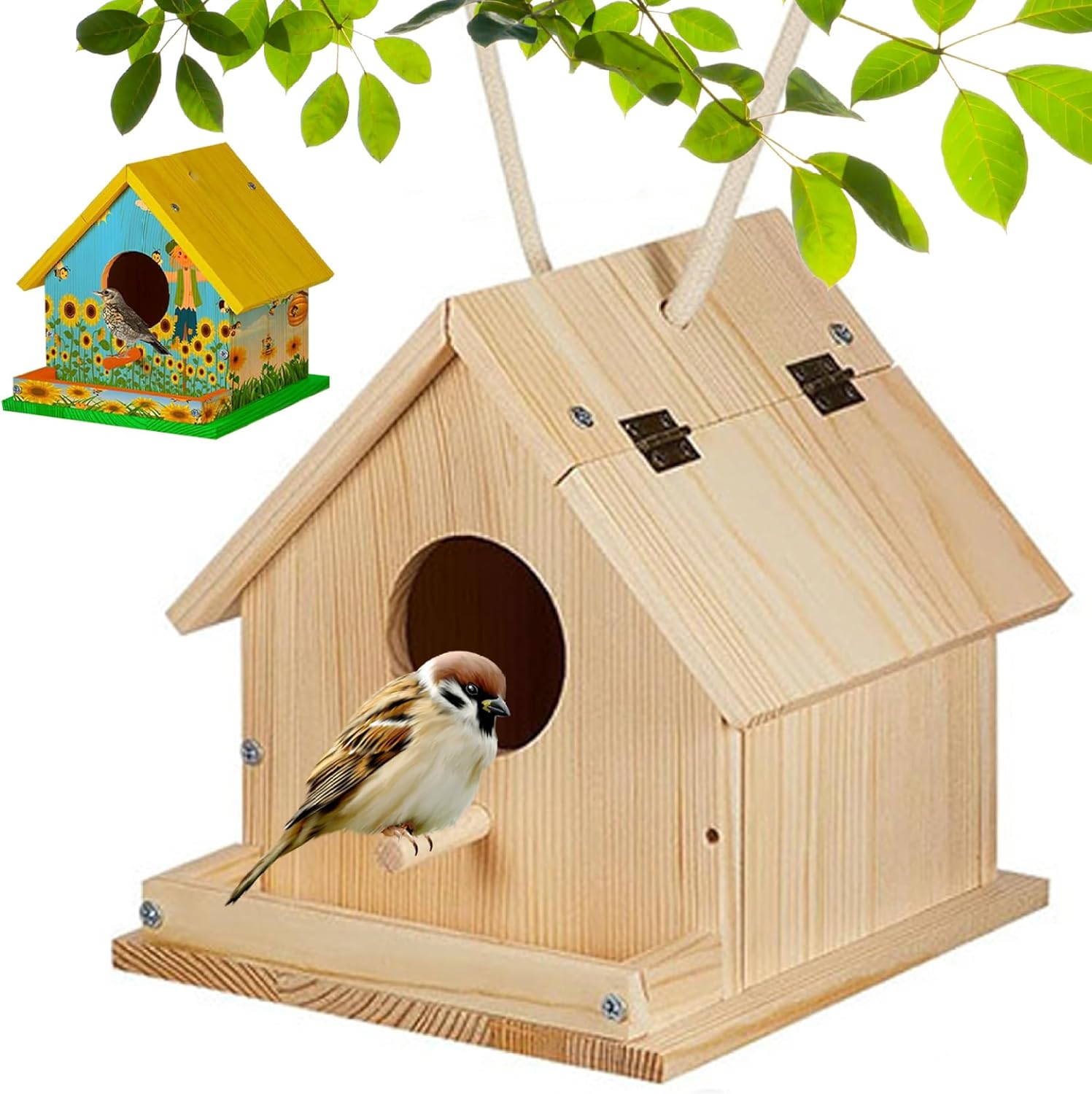 Ssguopte Bird House Kit, Wooden Bird Houses to Paint and Build, DIY Birdhouse Kits with Brush, Screwdriver, Mounting Screws and 6 Colors of Paint for Kids 3+