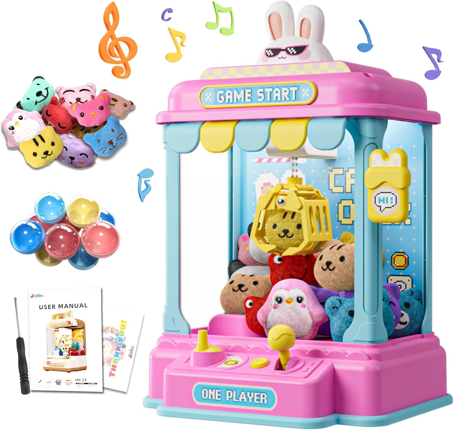 Mini Claw Machine for Kids, Pixel Art Rabbit Vending Machine Toys for Girls, Candy Claw Machines with Plush and Capsule Toy for Age 3+, Birthday Party for 3-8 Years Old Kid
