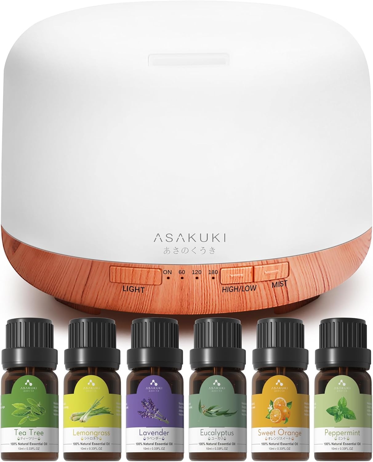 ASAKUKI Essential Oil Diffuser with Remote Control, 500ml Aromatherapy Diffuser, 14 LED Colors & Auto Shut Off, Top 6 Essential Oils Set, 4 Timer and Waterless Auto-Off Cool Mist for Bedroom