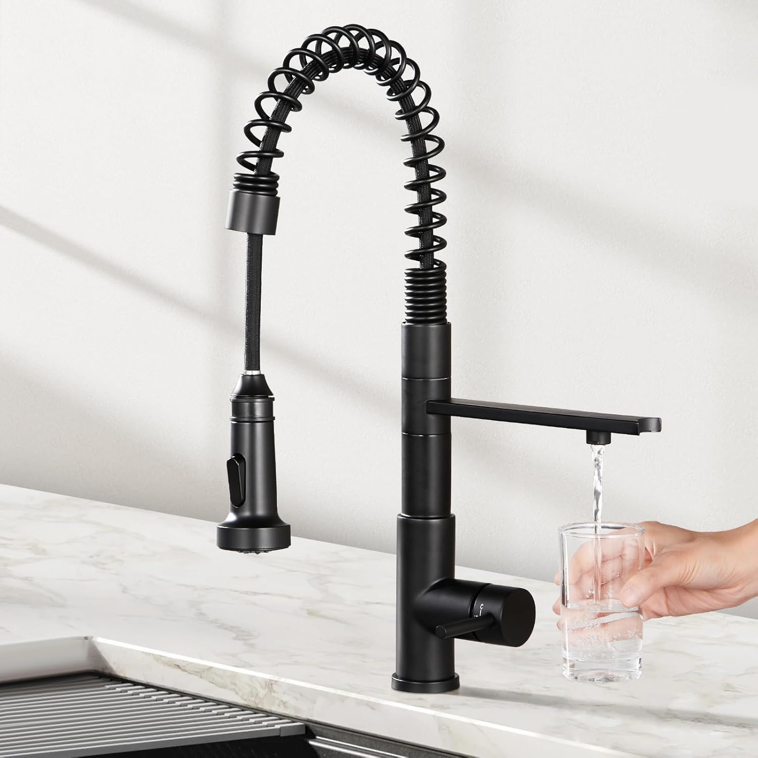 CREA 3 Way Kitchen Tap, Kitchen Sink Tap with Pull Out Sprayer Commercial Single Handle Lever Spring Water Filter Black Stainless Steel UK Standard