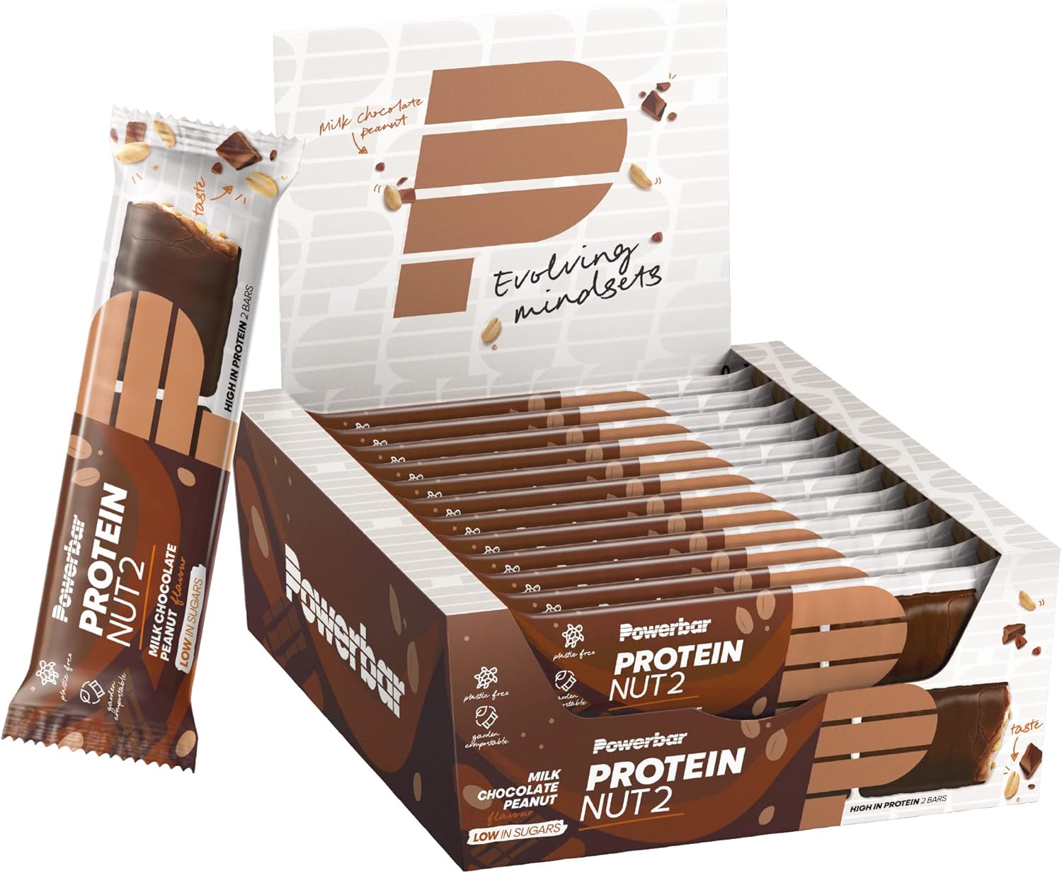 Power Barr Protein Nut2 Milk Chocolate Peanut 12x(2x22,5g) - High Protein Low Sugar Bar, Brown