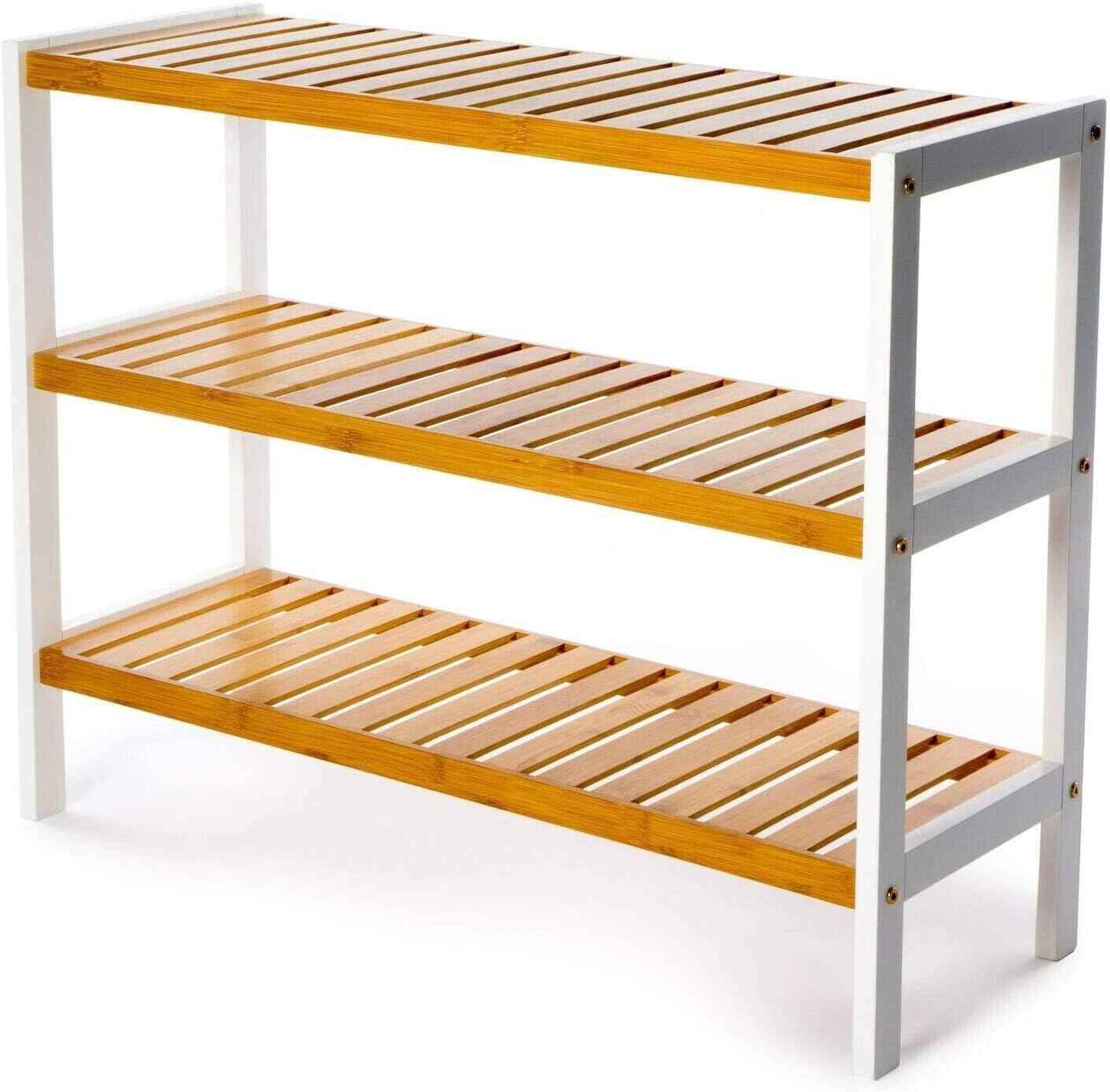 Vencier Bamboo Shoe Rack Natural – Easy Assembly & Strong Design Stand Shelf Organizer Ideal for Corridor, Bedroom, Bathroom, Hallway & Small Spaces, Large Capacity (Natural/White, 3 Tier)