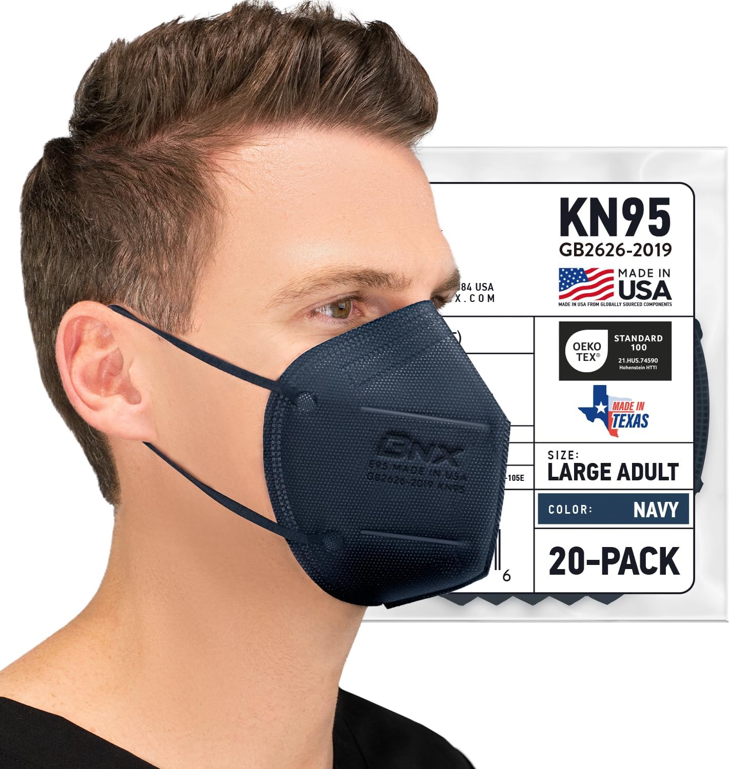 BNX KN95 Face Masks Made in USA (Adult Large, Adult Medium, Kids Small) (Earloop) (Model: E95/E95M/E95S)