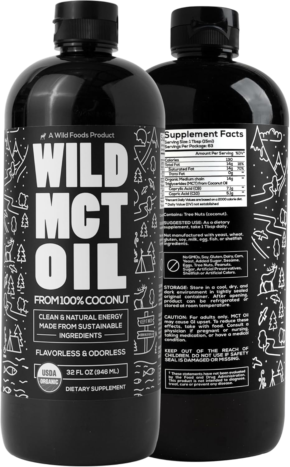 Wild MCT Oil Organic Coconut – 32 fl oz – from 100% Natural Coconut – Flavorless & Odorless C10/C8 MCT Oil for Energy & Cognitive Support – Keto-Friendly – Perfect for Coffee, Shakes & Recipes