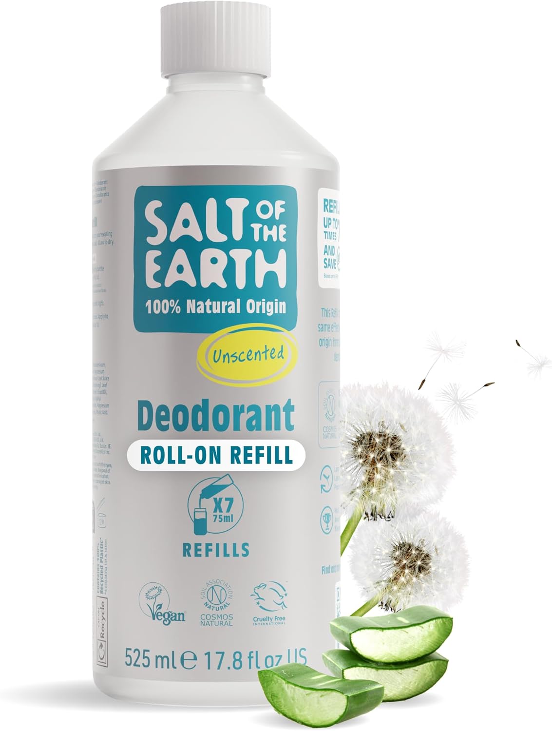Salt of the Earth - Natural Deodorant Roll on Refill - x7 Uses - Unscented -100% Natural Origin Ingredients - Vegan - Suitable for Men, Women & Children - 525ml