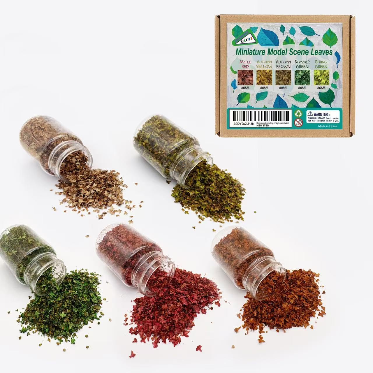 5 Colors Seasons Micro Landscape Realistic Miniature Leaves for DlY Mini Model Railway, Bonsai OrnamentsSimulation Leaves Architecture Diorama Scenery Landscape Layout, Box of 5