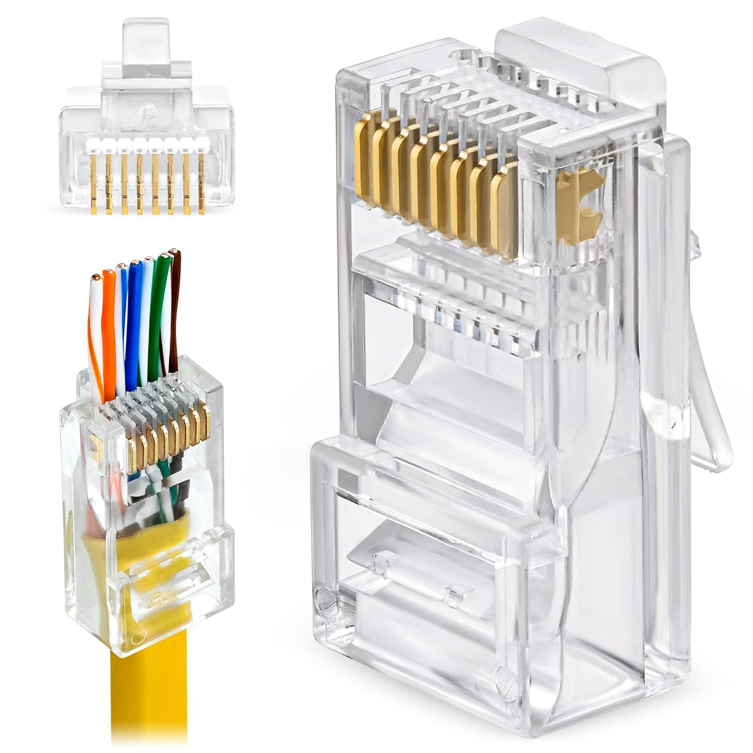 GTZ Cat5e RJ45 Pass Through Connector 100-Pack - EZ Cat 5e Pass Through RJ45 Connectors - Cat 5e Connectors - Ethernet Connector, Ethernet Plug - for Solid or Stranded UTP Network Cable