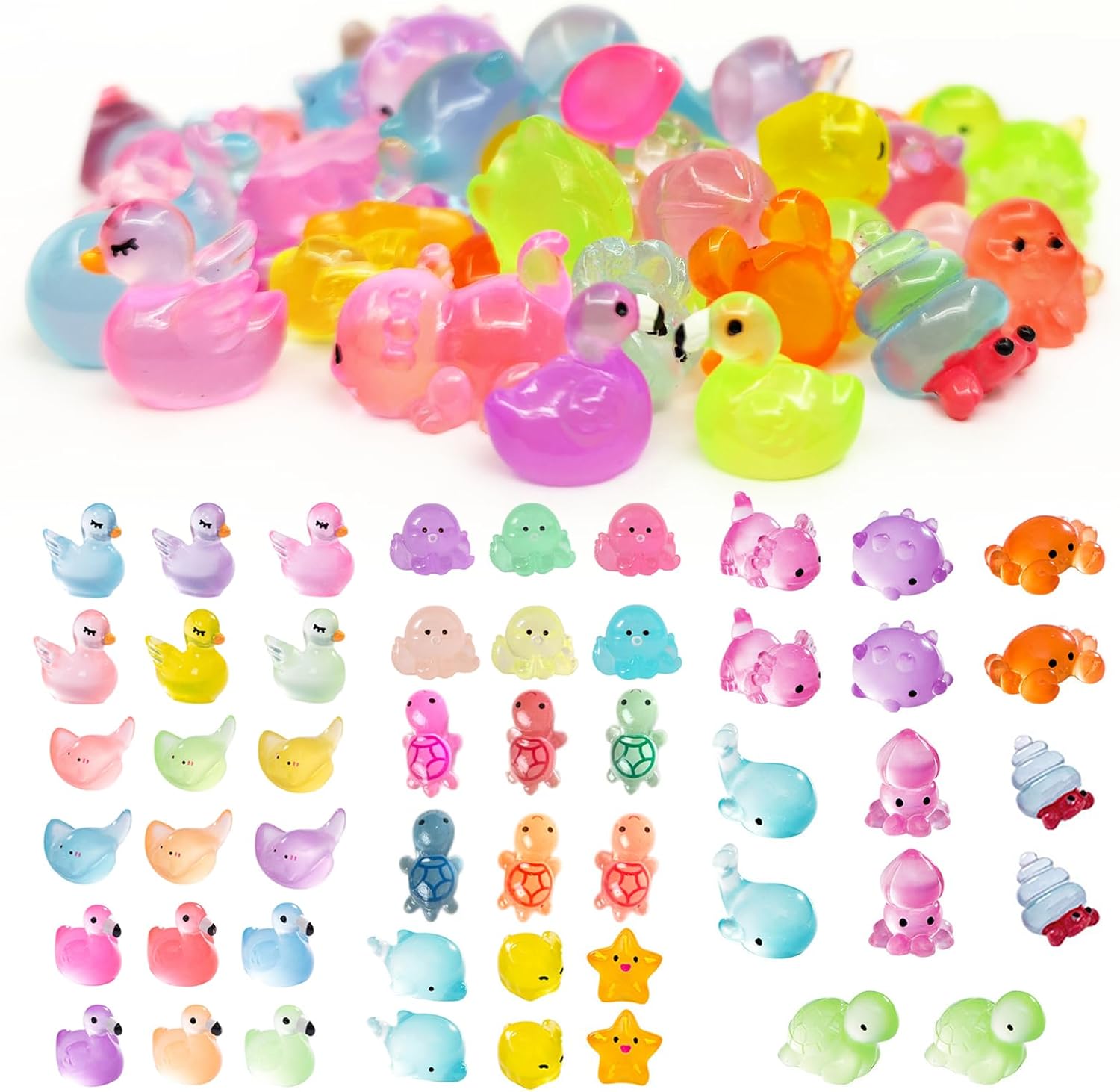 Xerteam 50pcs Mini Resin Animals, 15 Styles Tiny Resin Animals Small Animal Bulk, Mini Duck Sea Animals Ocean Animals Figurines, Micro Landscape Decorations for Fairy Garden Dollhouse Fish Tank