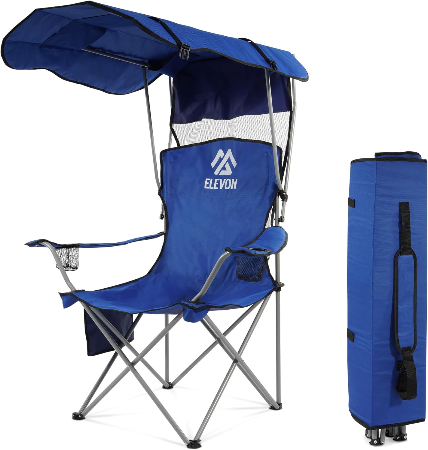Camping Chair, Oversized Folding Chair with Canopy, Portable Outdoor Chair with Arms, Cup Holder and Carry Bag for Camping, Fishing, Beach, and Sports, Pearl Blue