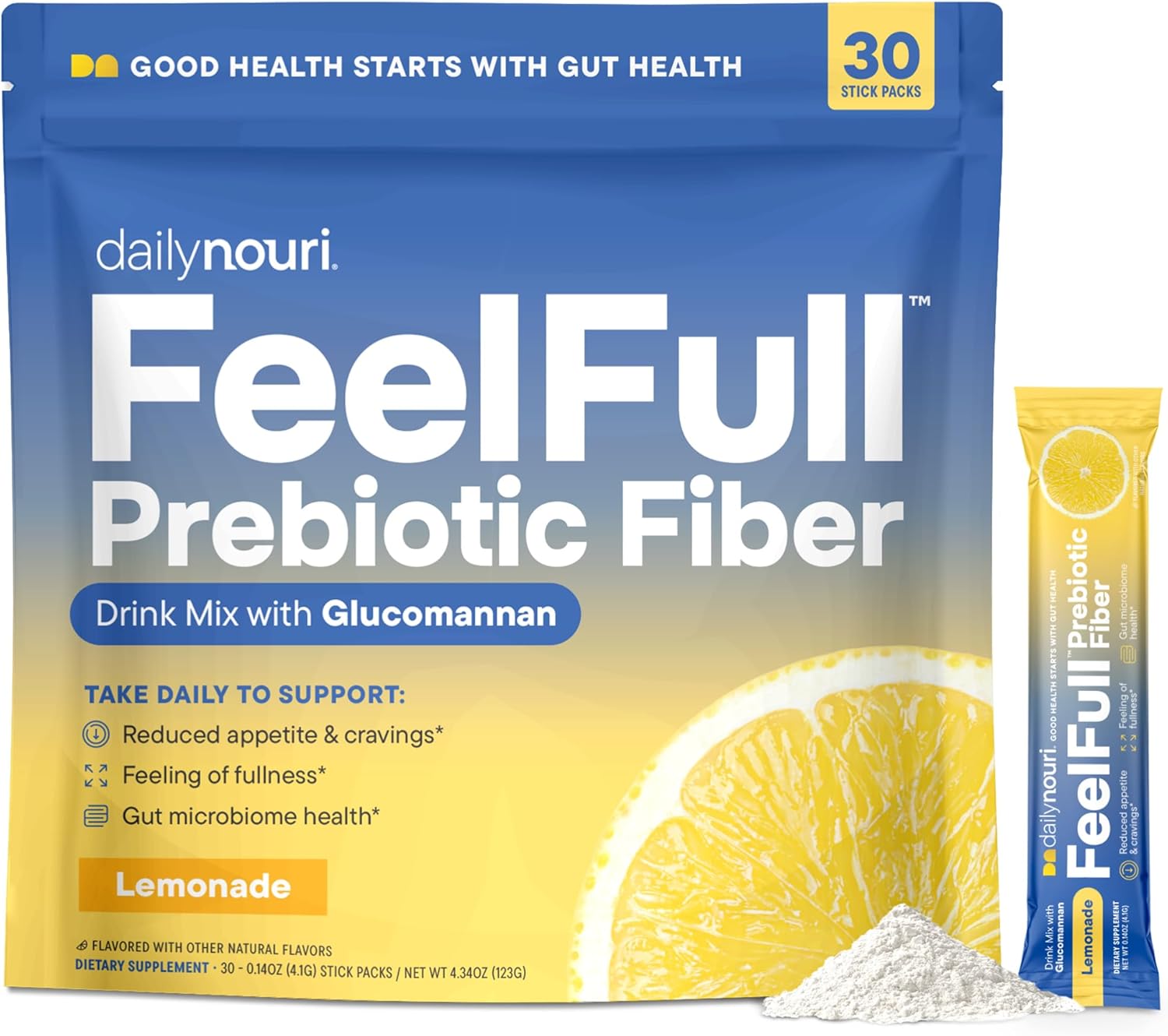 Daily Nouri FeelFull Prebiotic Fiber Drink Mix with Glucomannan & Chromium | for Natural Feeling of Fullness, Appetite & Cravings Support, Gut Microbiome & Metabolic Health | 30 Stick Packs