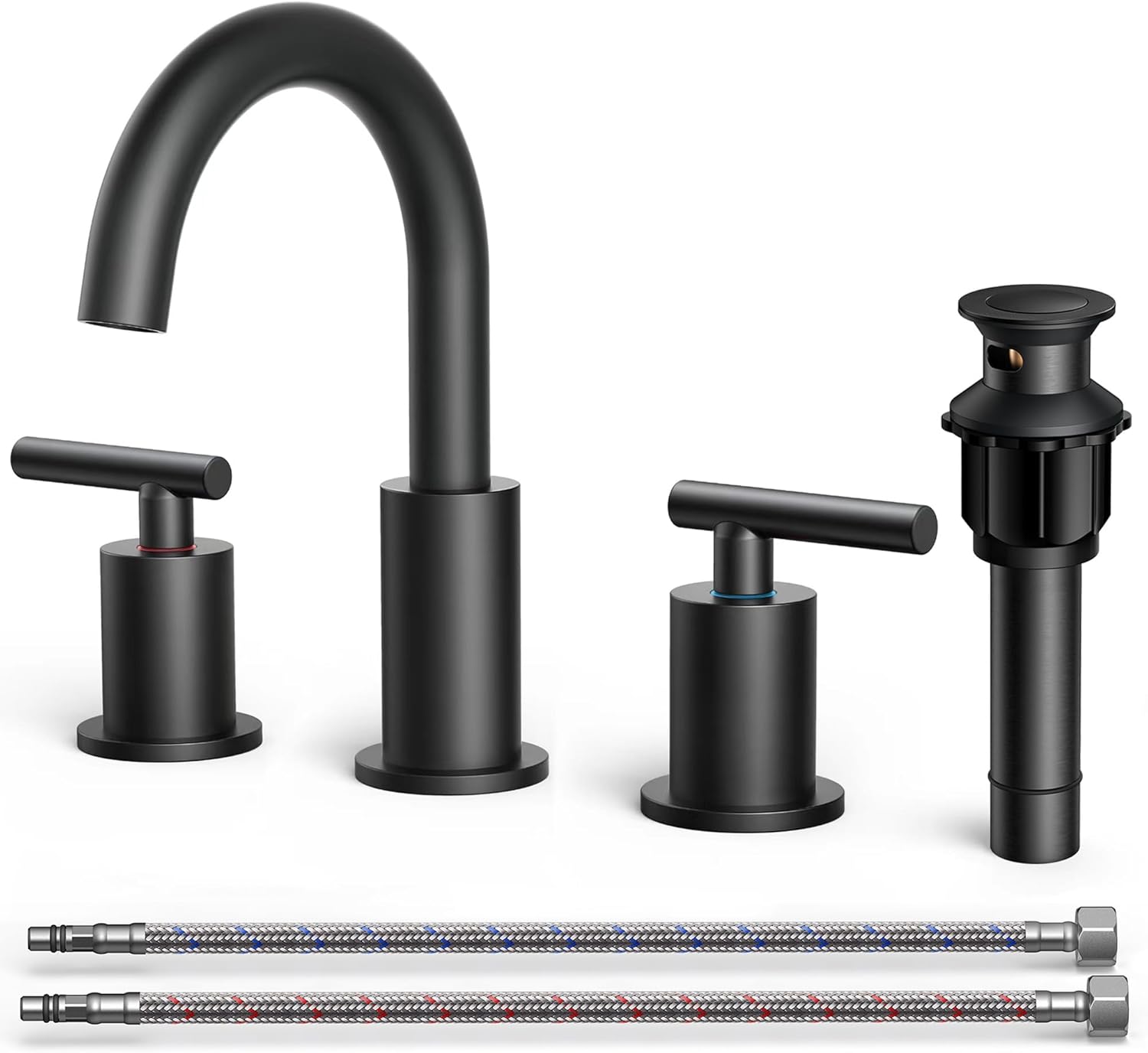 FORIOUS Bathroom Faucets, 8 Inch Widespread Matte Black Bathroom Sink Faucet 3 Hole with 360°Swivel Spout, Suitable for 6-12 Inch Vanity Sink, with Metal Pop-up Drain and cUPC Supply Line