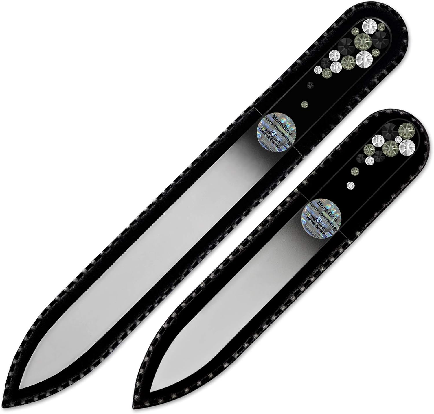 Mont Bleu Set of 2 Black Glass Nail Files Hand Decorated with Crystals - in Black Velvet Sleeve - Gifts for him - Alternative to Metal Nail Files Emery Boards & Buffer - Nail Supplies