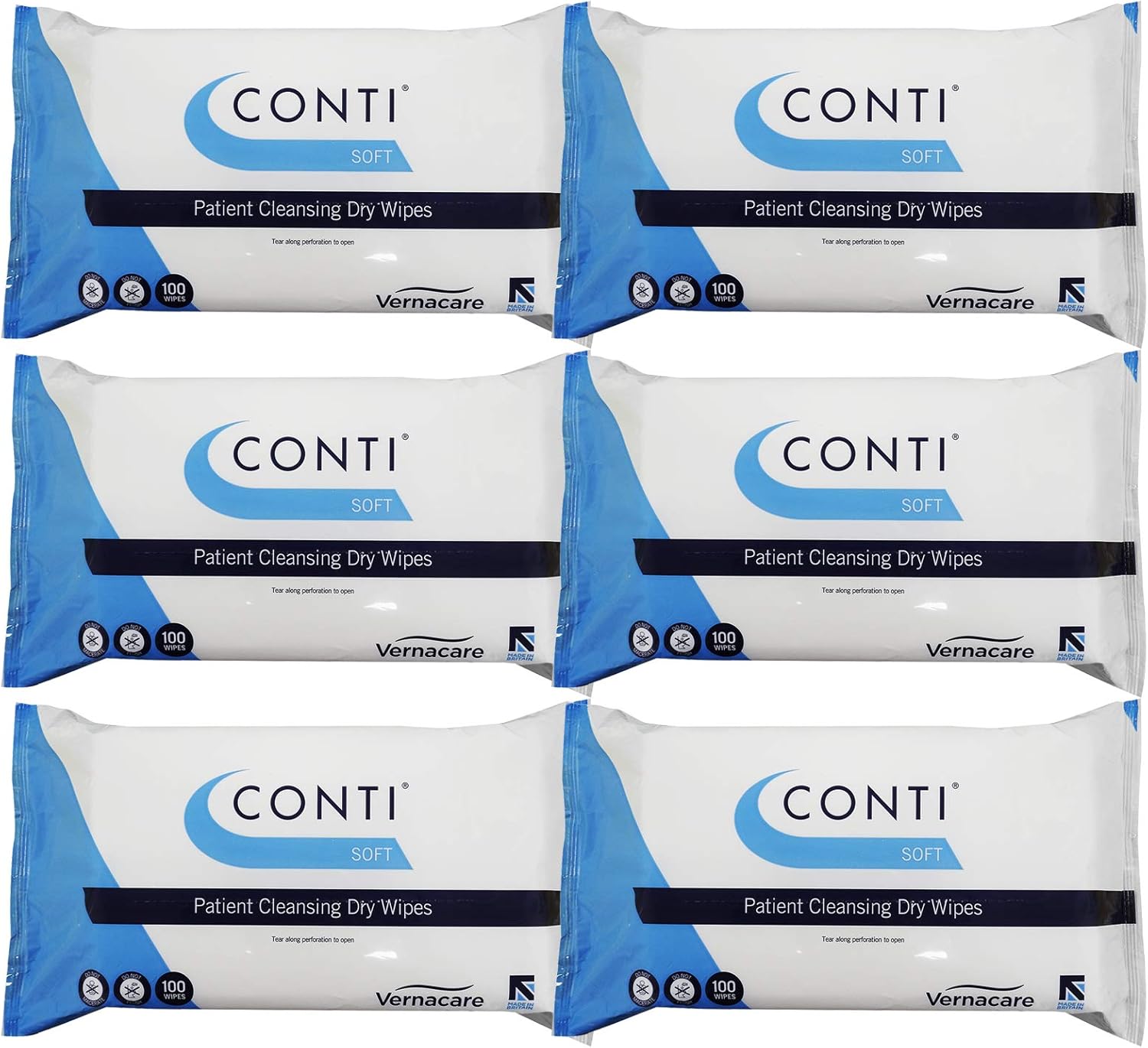 Conti Soft - Patient Cleansing Dry Wipes, Everyday Cleaning, Ideal For Sensitive Fragile Skin, Wipe Size 32cm x 30cm, 100 Wipes Per Pack - 6 Pack