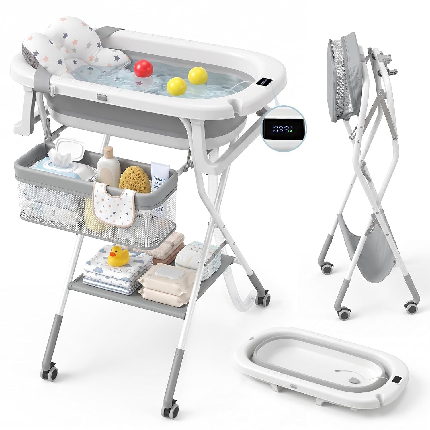 Orzbow Collapsible Baby Bathtub with Stand, Adjustable Height,Wheels Design