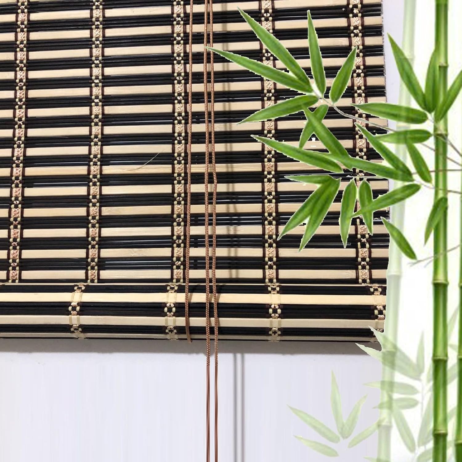 SANJIAOJIA Black Bamboo Slat Roll Up Blind,Natural Roller Blind,Wood Window Shades Blinds,Bamboo Light Filtering Custom Roman Shades,Indoor/Outdoor Breathable Decorative Curtain (W60xH100cm/24x39in)