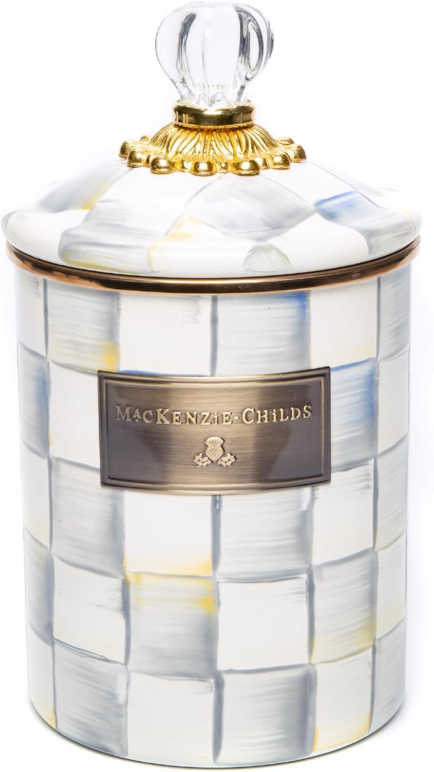 MACKENZIE-CHILDS Enamel Canister, Versatile Kitchen Storage Container for Flour and Sugar, Medium, 48-Ounce Capacity, Gray-and-White Sterling Check