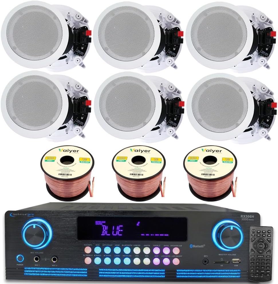 Home Theater Sound System Kit - 2000 Watts Bluetooth Amplifier w/ 6 Qty of 8" Framed Ceiling Speakers 300 W Each, 300 ft Speaker Wire & Remote for Home, Bar, Office, Restaurant by Technical Pro