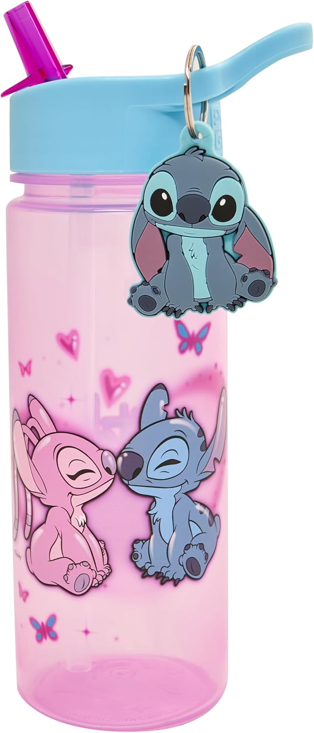 Disney Stitch and Angel 500ml Kids Water Bottles with Straw by Polar Gear - Lilo And Stitch Gifts For Girls - Back to School Supplies Girls Water Bottle - Stitch Water Bottle with Stitch Keyring Charm