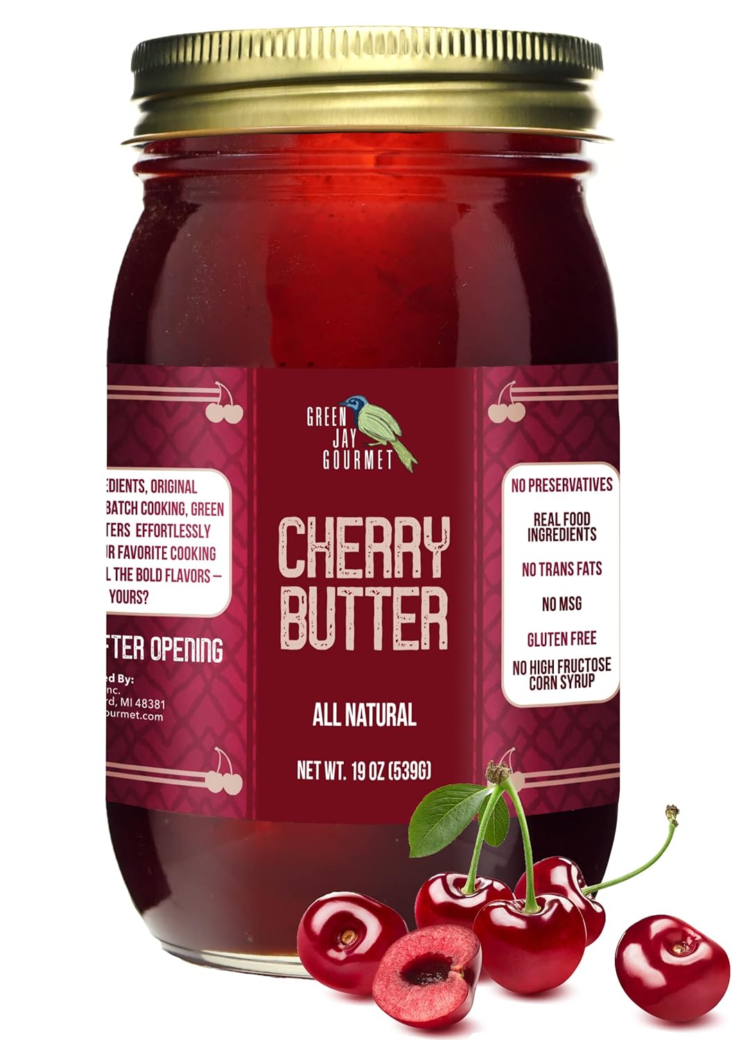 Green Jay Gourmet Cherry Butter - All-Natural, Gluten-Free Fruit Spread - Cherry Spread with Fresh Cherries - Gourmet Fruit Butter - No Corn Syrup, Preservatives or Trans-Fats - 19 Ounces