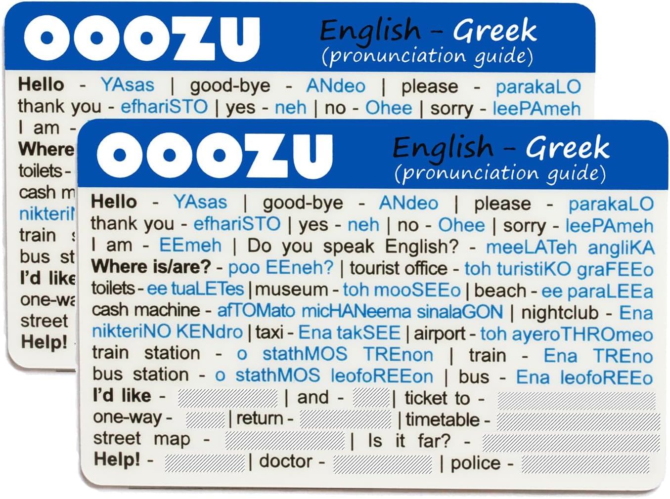 OOOZU Greek Language Cards - 2 Card Pack - Essential Words And Phrases For Holidays And Travel To Greece - Lightweight Credit Card-Sized Phrasebook/Phrase Book Alternative