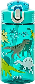 Zak Designs Kids Water Bottle For School or Travel, 16oz Durable Plastic Water Bottle With Straw, Handle, and Leak-Proof, Pop-Up Spout Cover (Dinosaur)
