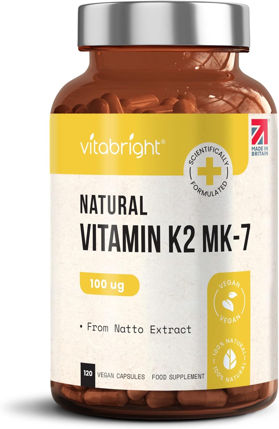 Vitamin K2 MK7 100mcg, 120 Vegan (from Natto) Vitamin K2 High Strength Capsules - VIT K MK7 for Bones, Vitamin K for Heart, VIT K2 MK7 for Brain - VitaBright K2 Vitamin Supplements