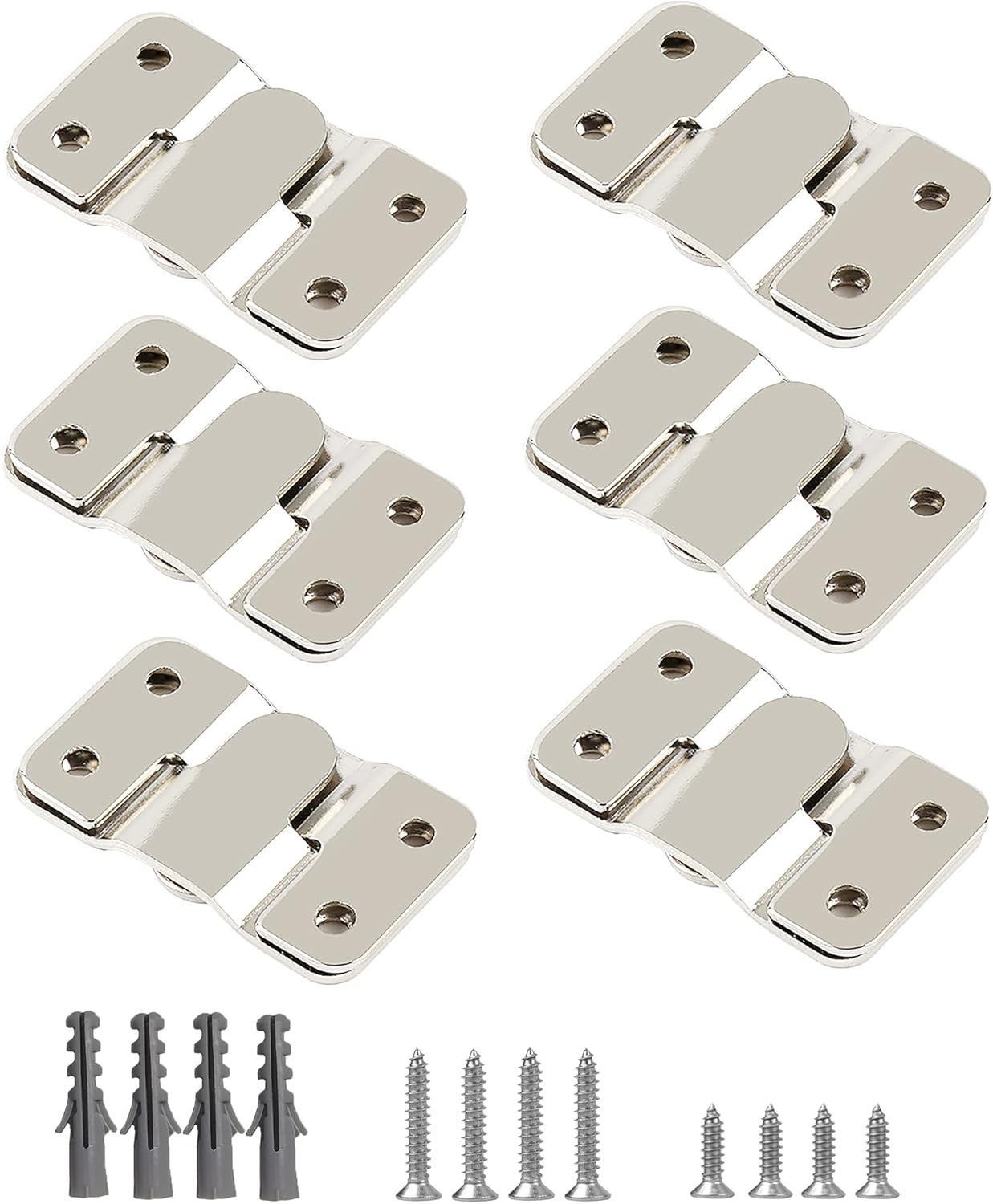 WeqeYent 6 Pairs(12 Pcs) Flush Concealed Mount Bracket, Interlocking Hang Buckle Stainless Steel Photo Hook Hardware Hanging, Heavy Duty Flush Mount Headboard Hanging Wall Interlocking Brackets(53MM)