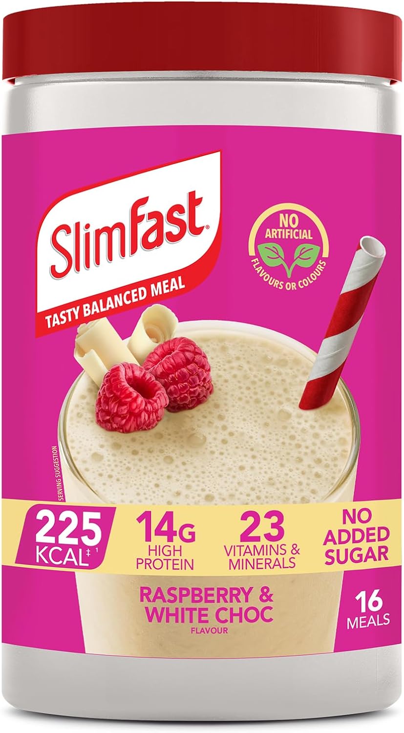 SlimFast Meal Replacement Shake for Weight Loss & Balanced Diet, High Protein, Vitamins, Minerals, White Chocolate & Raspberry Flavour, 16 Meals, 584 g, Packaging May Vary