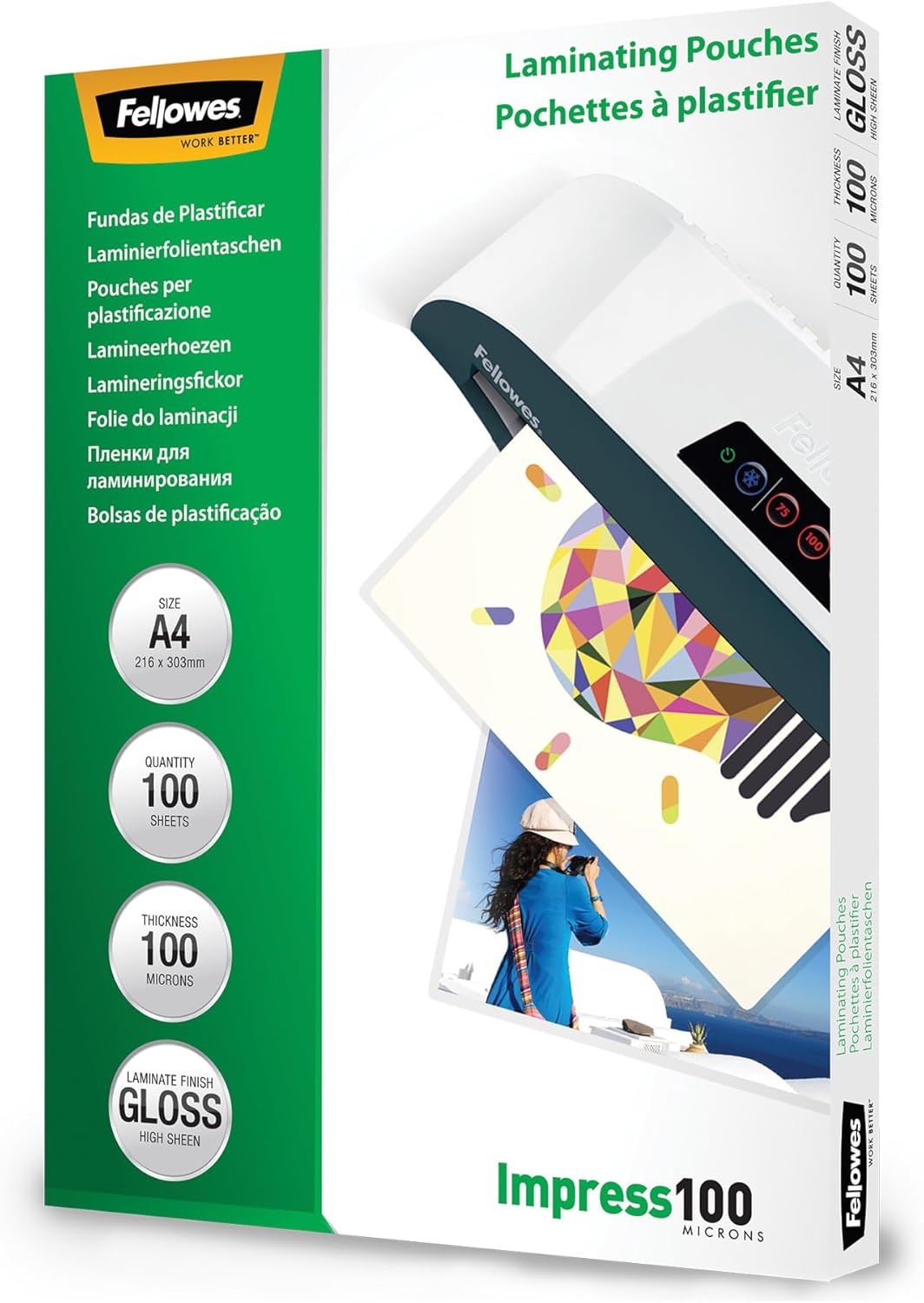 Fellowes A4 Laminating Pouches, Gloss, 100 Micron, Pack of 100