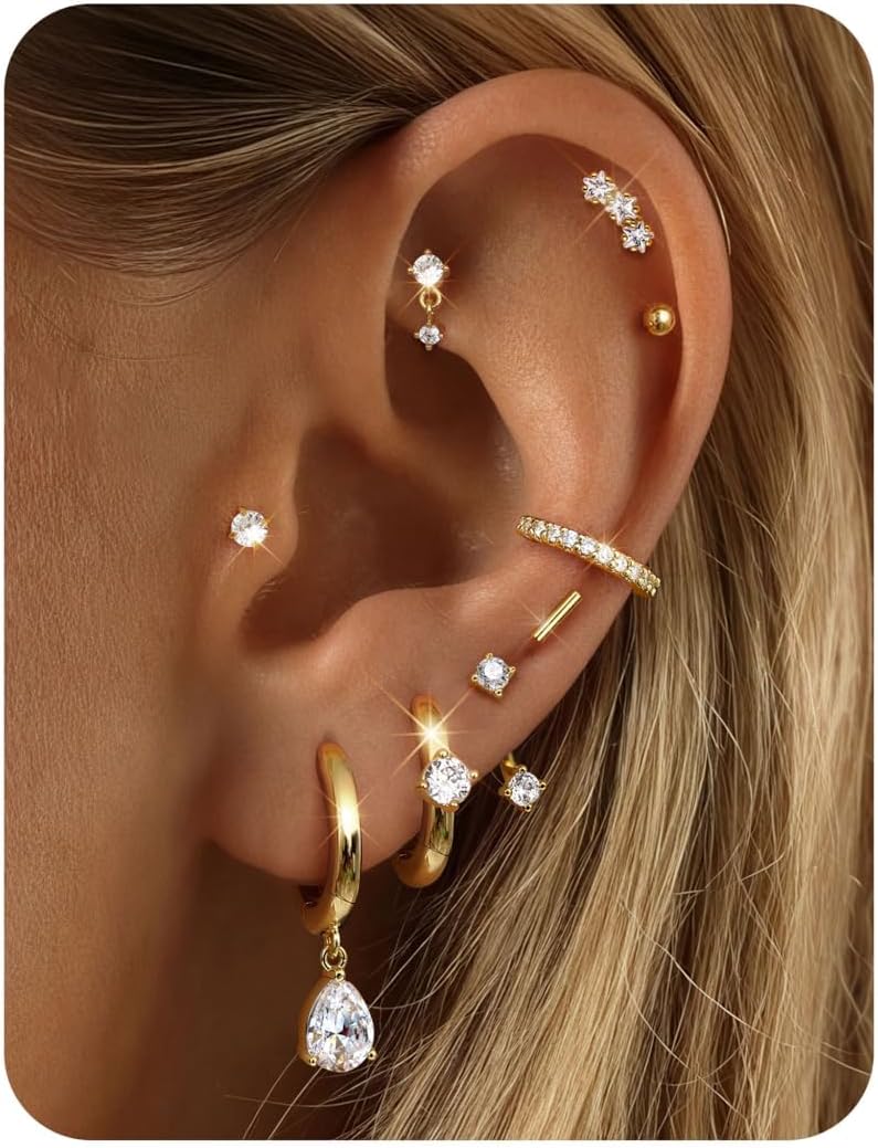 9 Pairs Small Stud Hoop Earrings for Women Hypoallergenic 14k Gold Plated Flat Back Earrings Surgical Steel Cartilage Earring Stack Set Silver Trendy Tragus Helix Piercing Jewellery