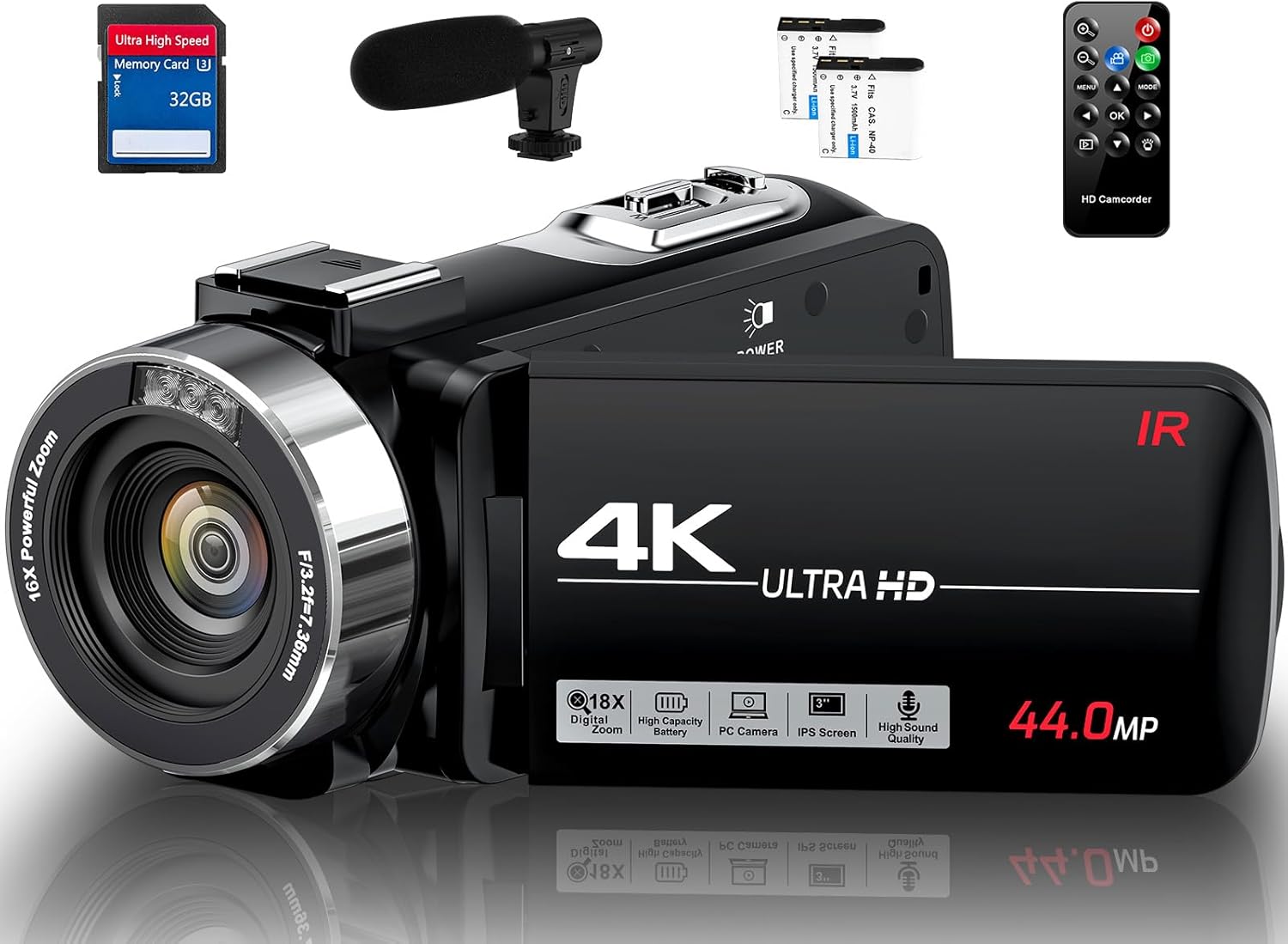 Camcorder Video Camera 4K Ultra 44MP Vlogging Camera for YouTube 18X Digital Zoom Camcorder 3.0" IPS Screen Video Recorder with External Mic, Controller, 2 Batteries and 32G SD Card