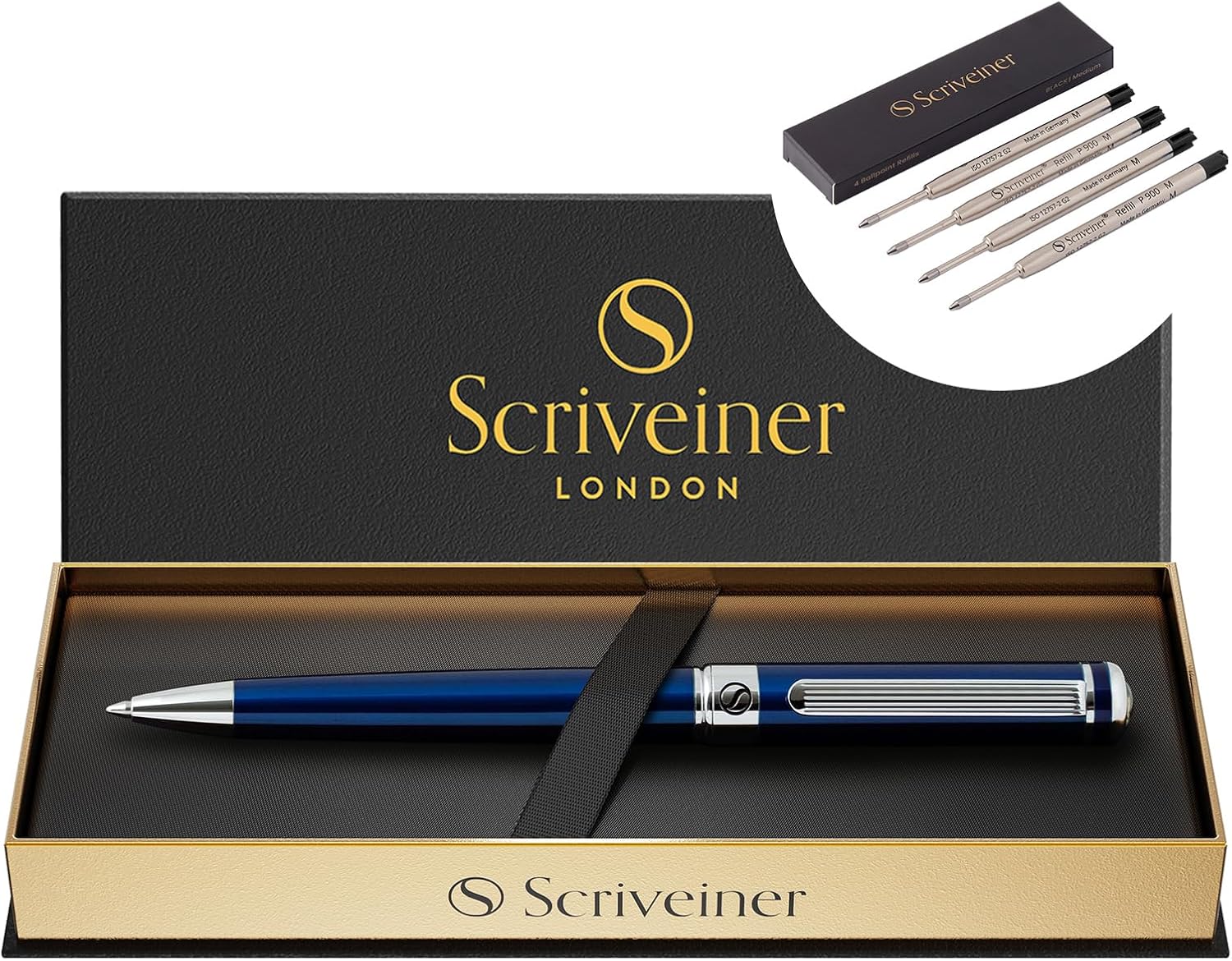Scriveiner Midnight Blue Ballpoint Pen - Stunning Blue Lacquer Luxury Pen, bundle Ballpoint Refill Black Medium - 4 Ballpoint Refills in one box