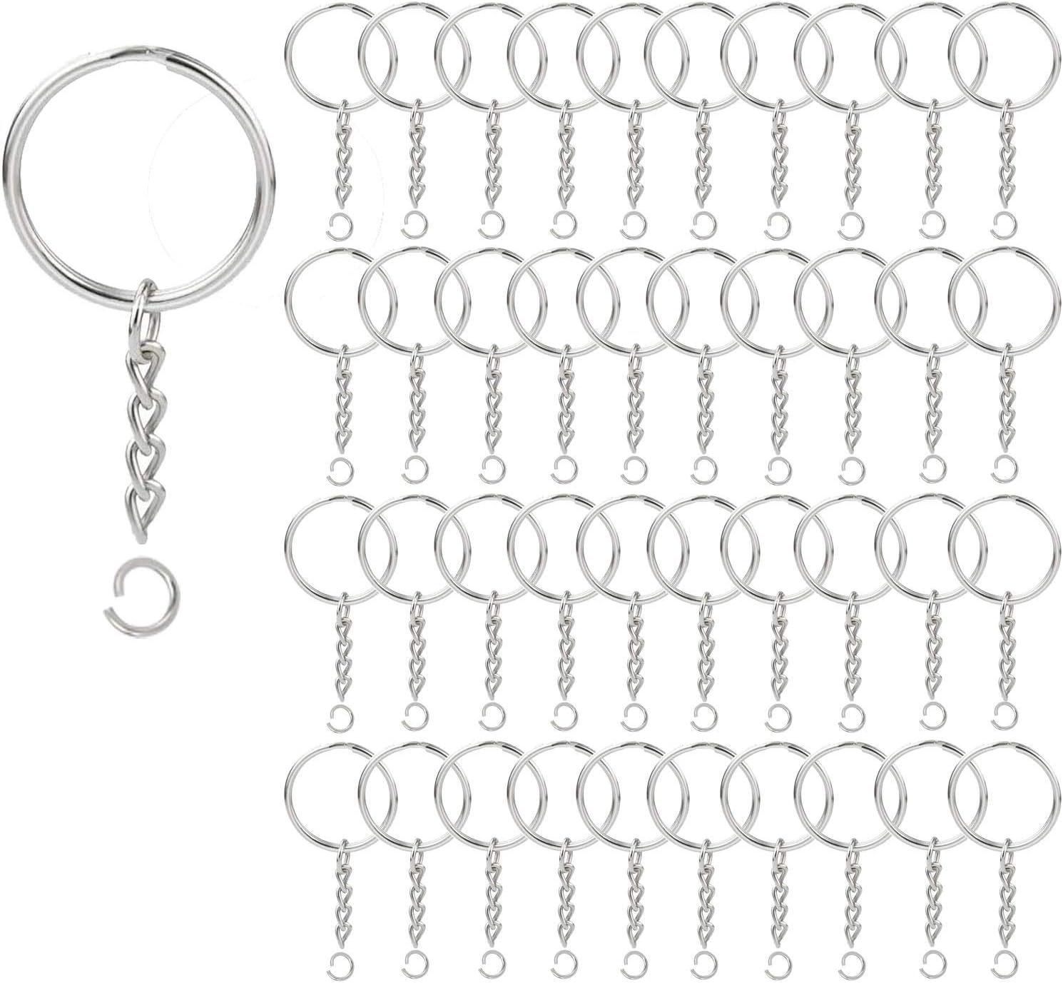 100 Pack Key Ring with Chain and Open Jump,1 inch Split Round Keychain Rings Bulk for Craft Making Jewelry
