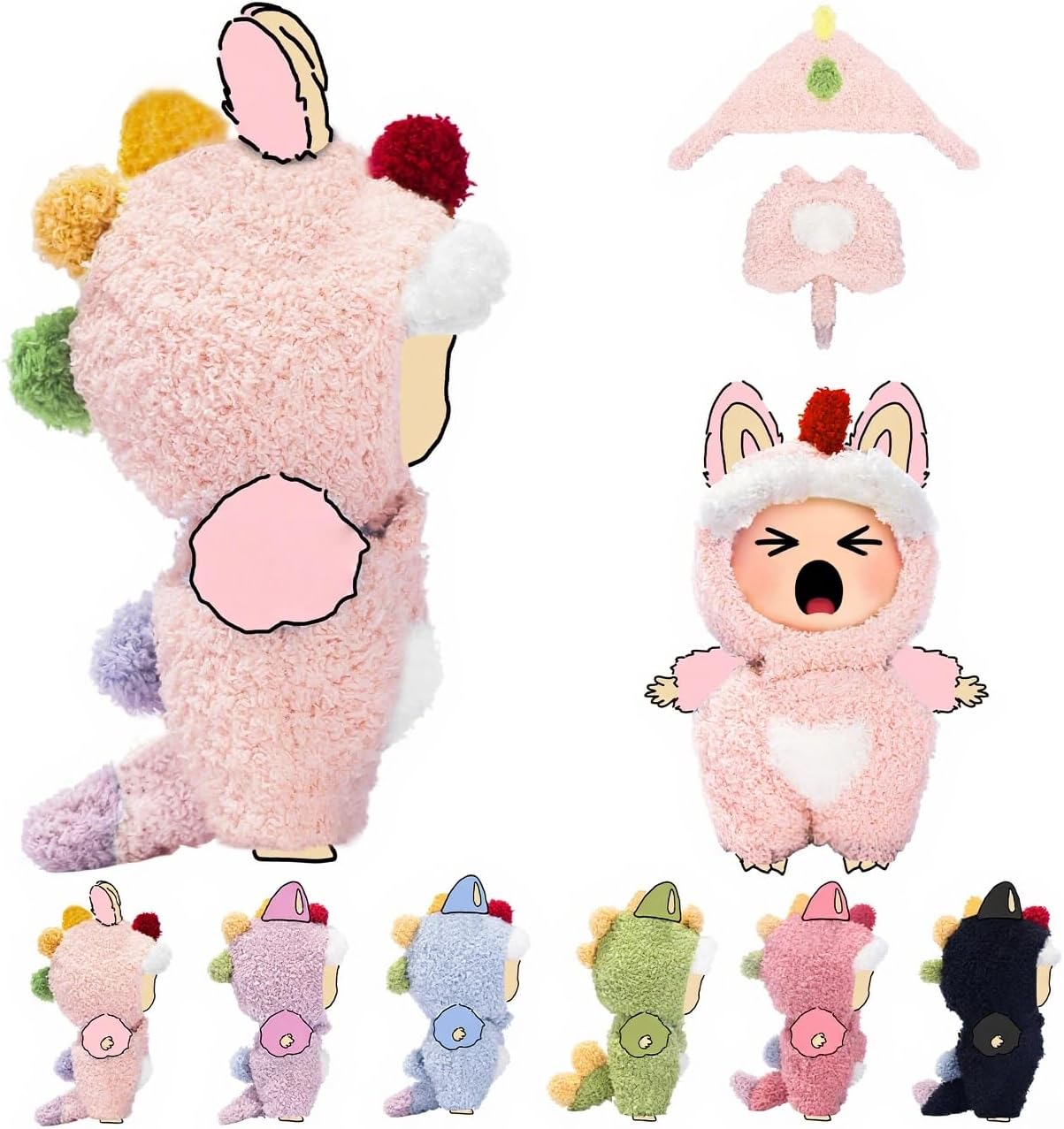 17cm (6.7inch) Doll Clothes, Outfits for Clothes Set, Dino Dolls Keychain Accessories, Faking Animal Style Outfit Jumpsuit Dinosaur Costume for Dolls (Light Pink) (Doll Not Included)