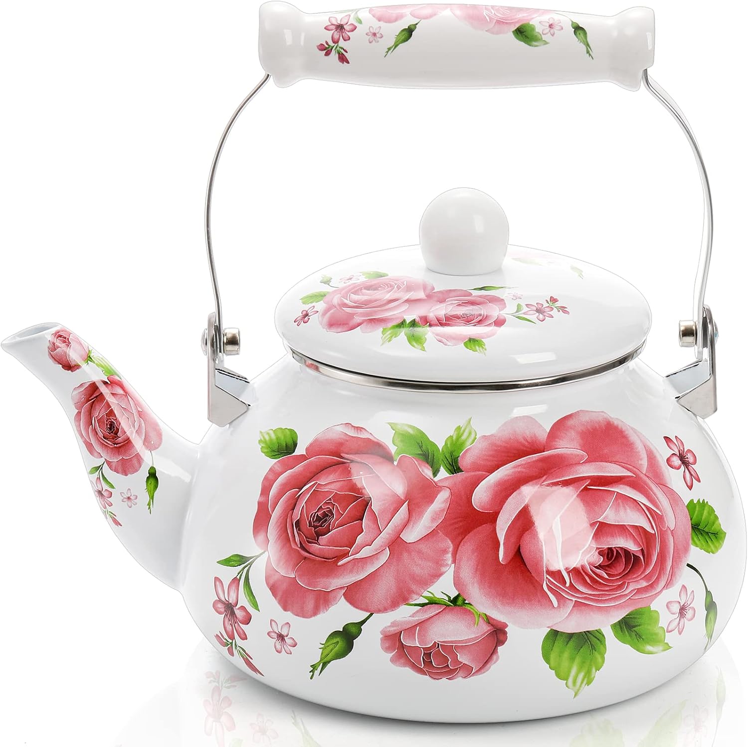 Hiceeden 2.6 Quart Enamel Tea Pot for Stovetop, Pink Vintage Tea Kettle with Floral Pattern, 2.5 L Delicate Cute Steel Water Kettle Pot with Porcelain Handle