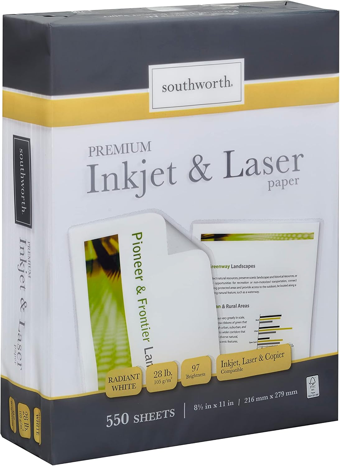 Southworth Inkjet & Laser Printer Paper, 8.5" x 11", 28 lb., Radiant White, 550 Sheets (91723-01)
