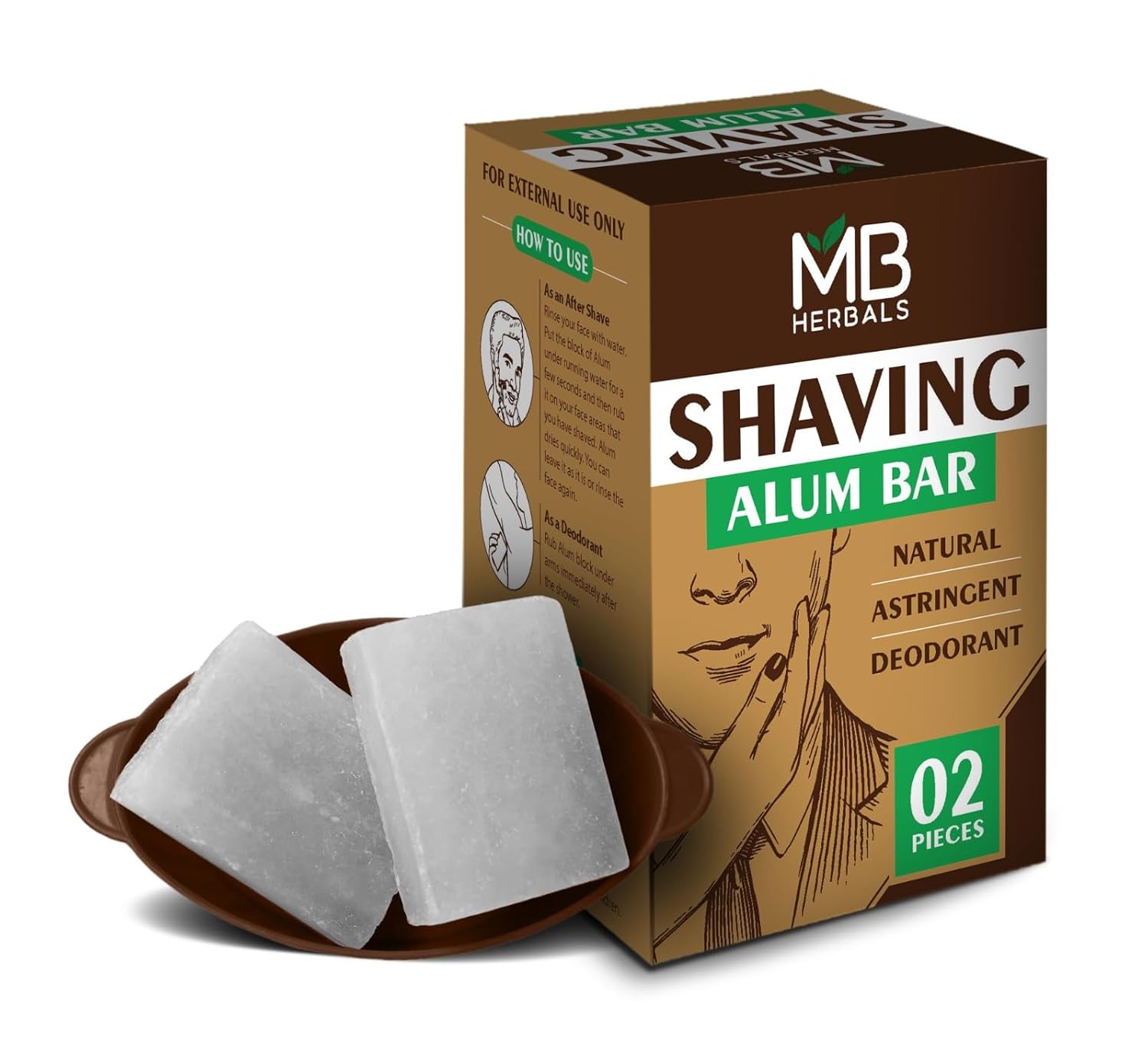 2 Pieces x 3.5 Ounce MB Herbals Shaving Alum Blocks | Pack of 2 Alum Blocks 3.5 Ounce Each | Potassium Shaving Alum Block Bar | No Fragrance | After Shave Alum