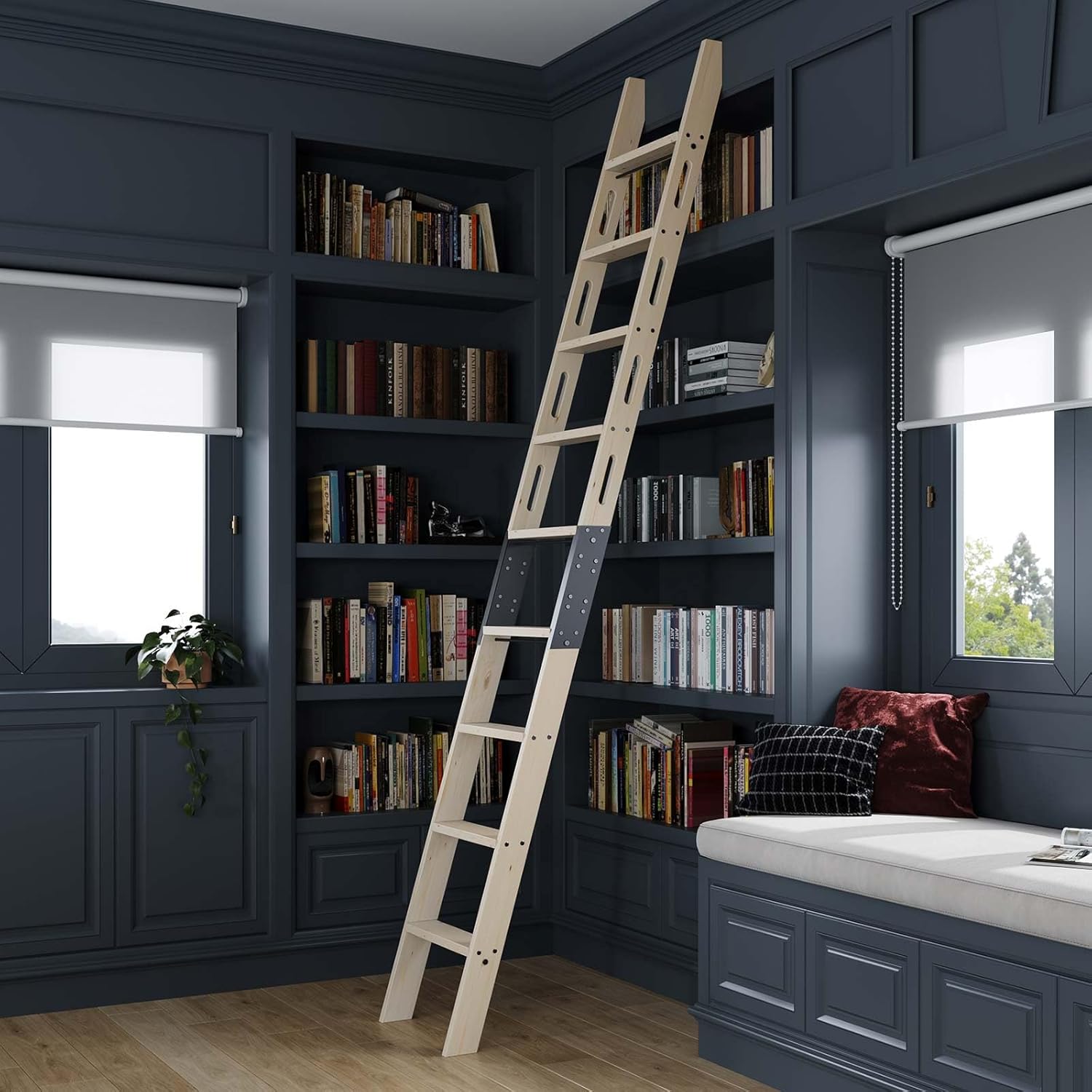 10FT Wooden Step Ladder with Build-in Handrail,Multi-use for Loft Stairs,Library Bookshelf,Kitchen,Workshop,Solid Spruce Wood,Easy Assembly,DIY Stain (Sliding Hardware is not Included)