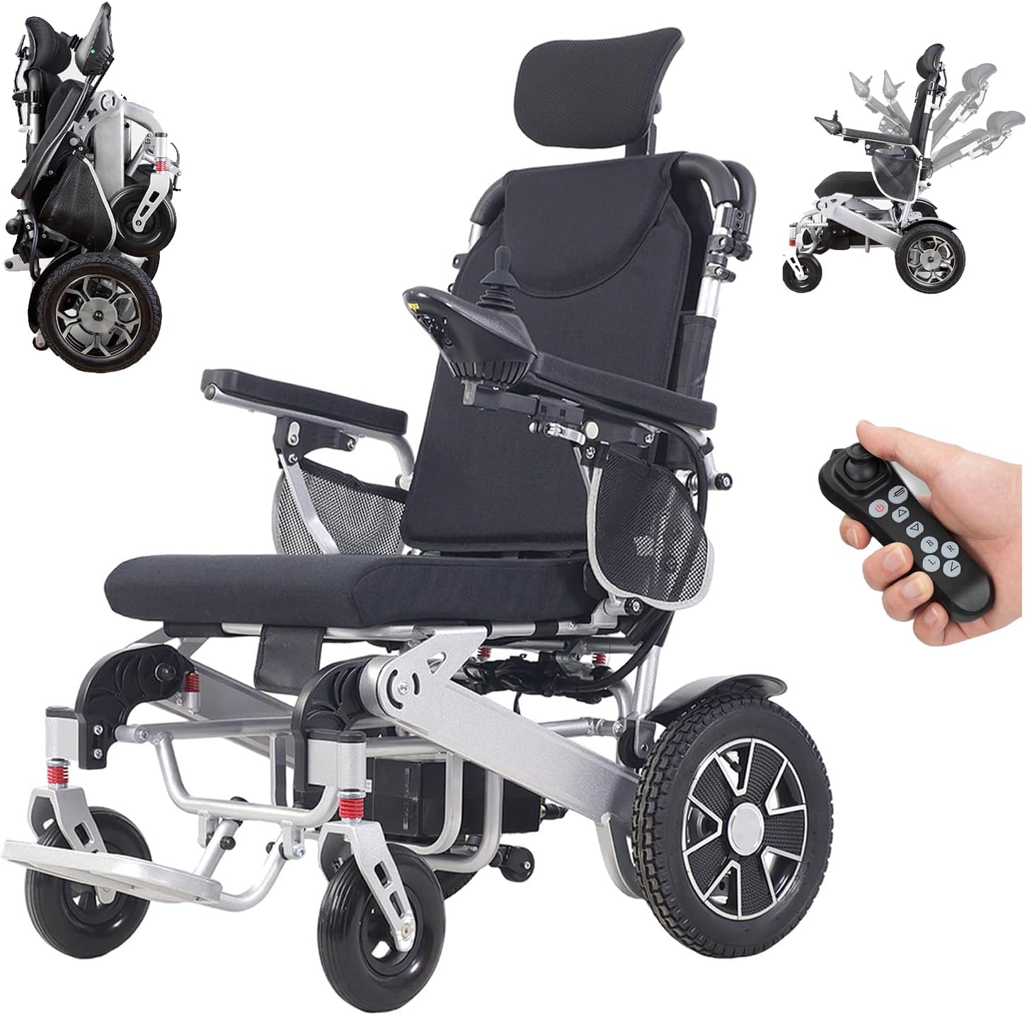 Juodkeo Reclining Electric Wheelchair, for Adults with Remote Control, Lightweight Foldable Powered Wheelchair with Headrest, with 12AH Lithium Batteries, 500W Motor